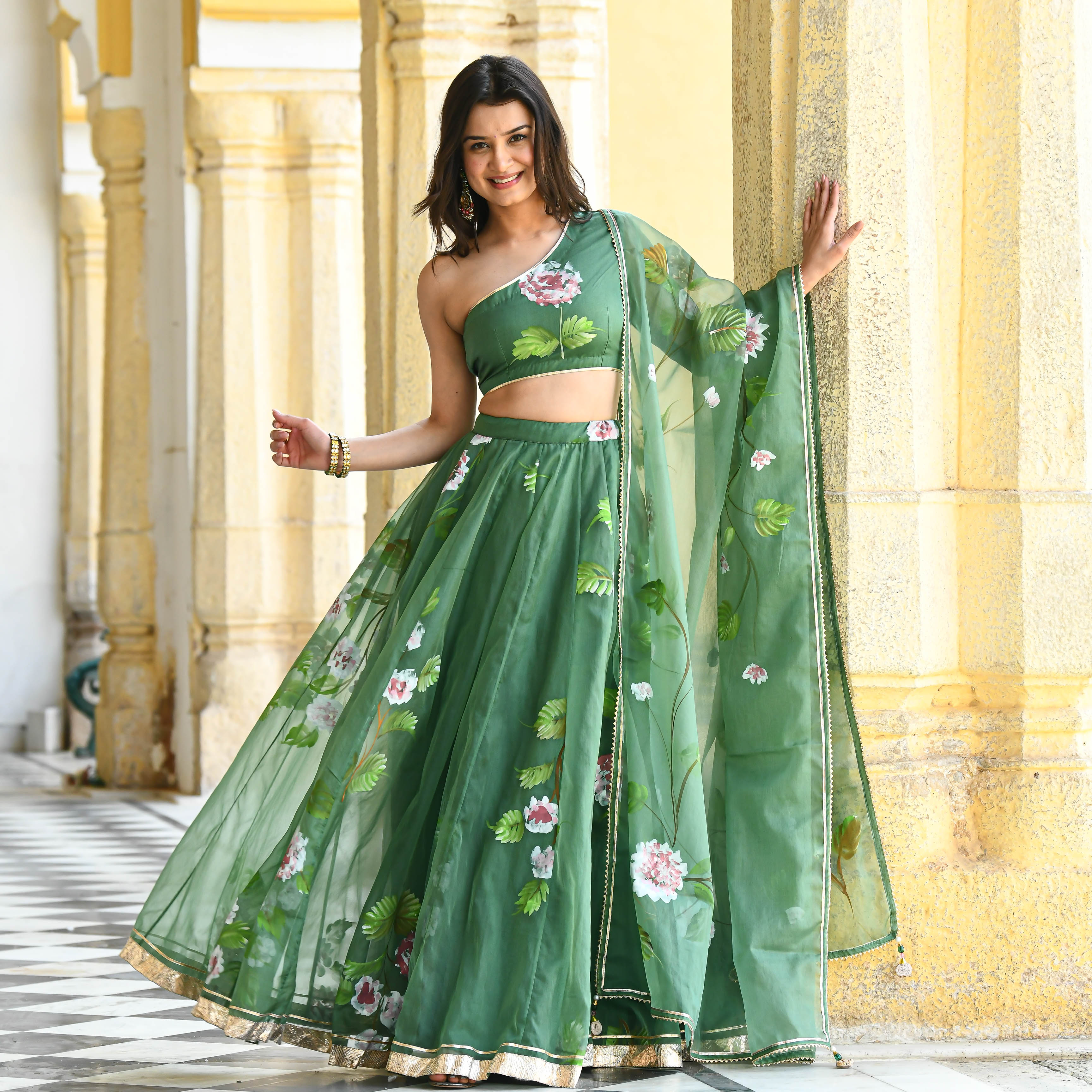 Buy Moss Green Designer Handpainted Floral Organza Suit Set for Women