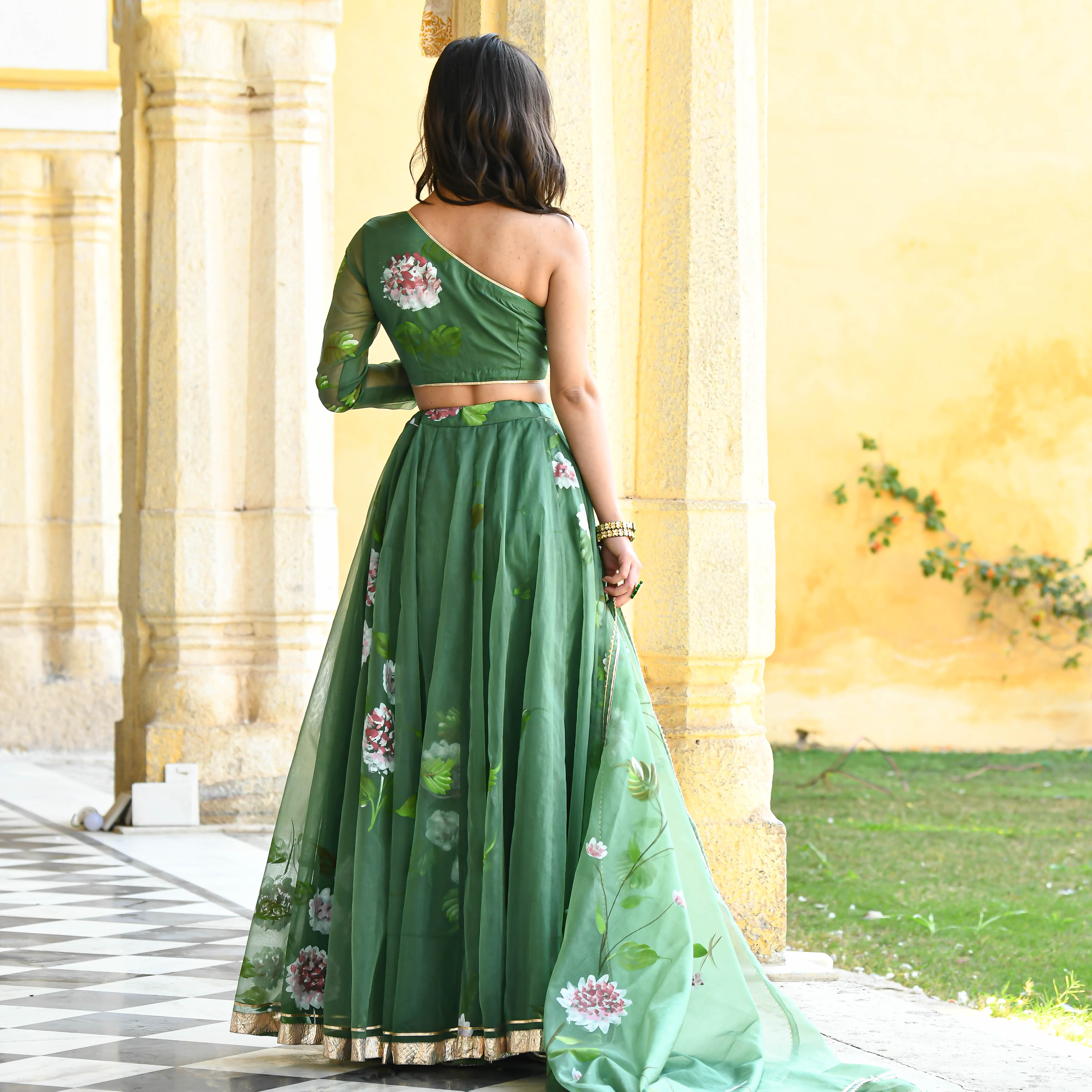 Green Floral  handpainted lehenga for women online 