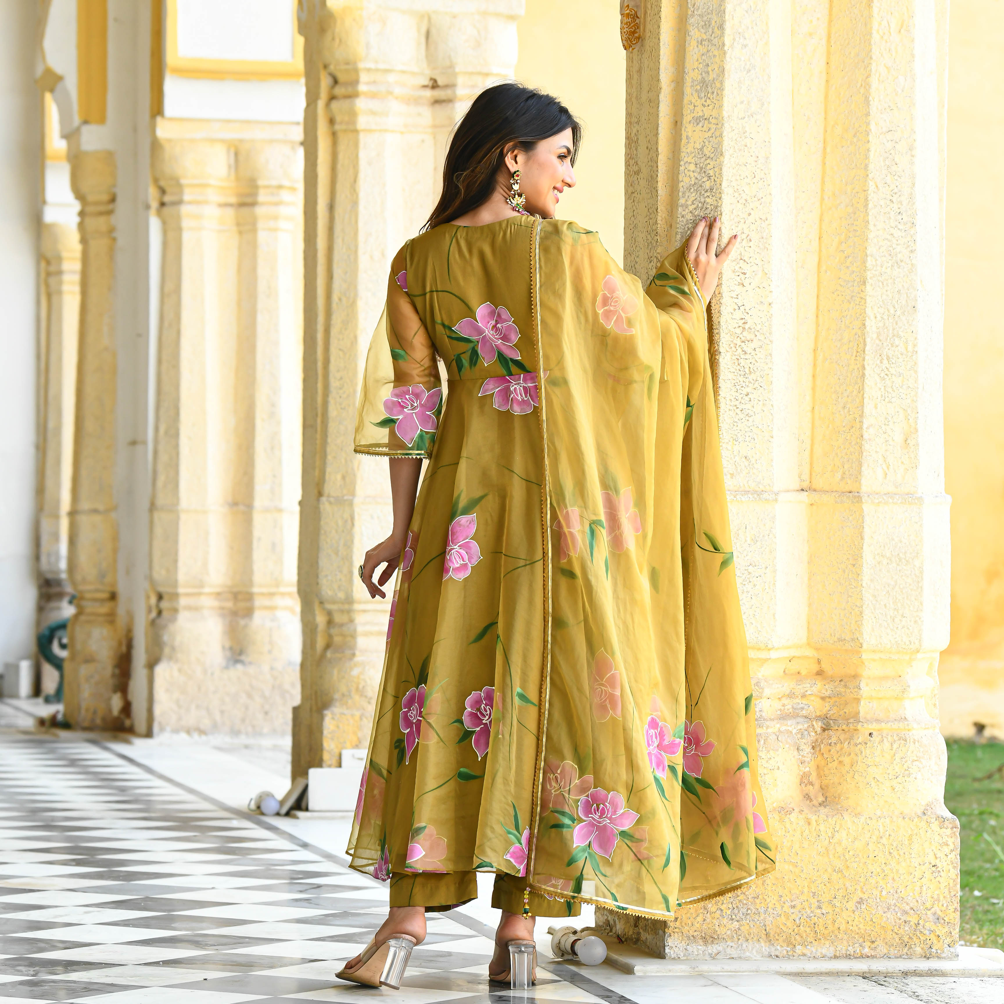 Sand yellow handpainted suit set for women online 