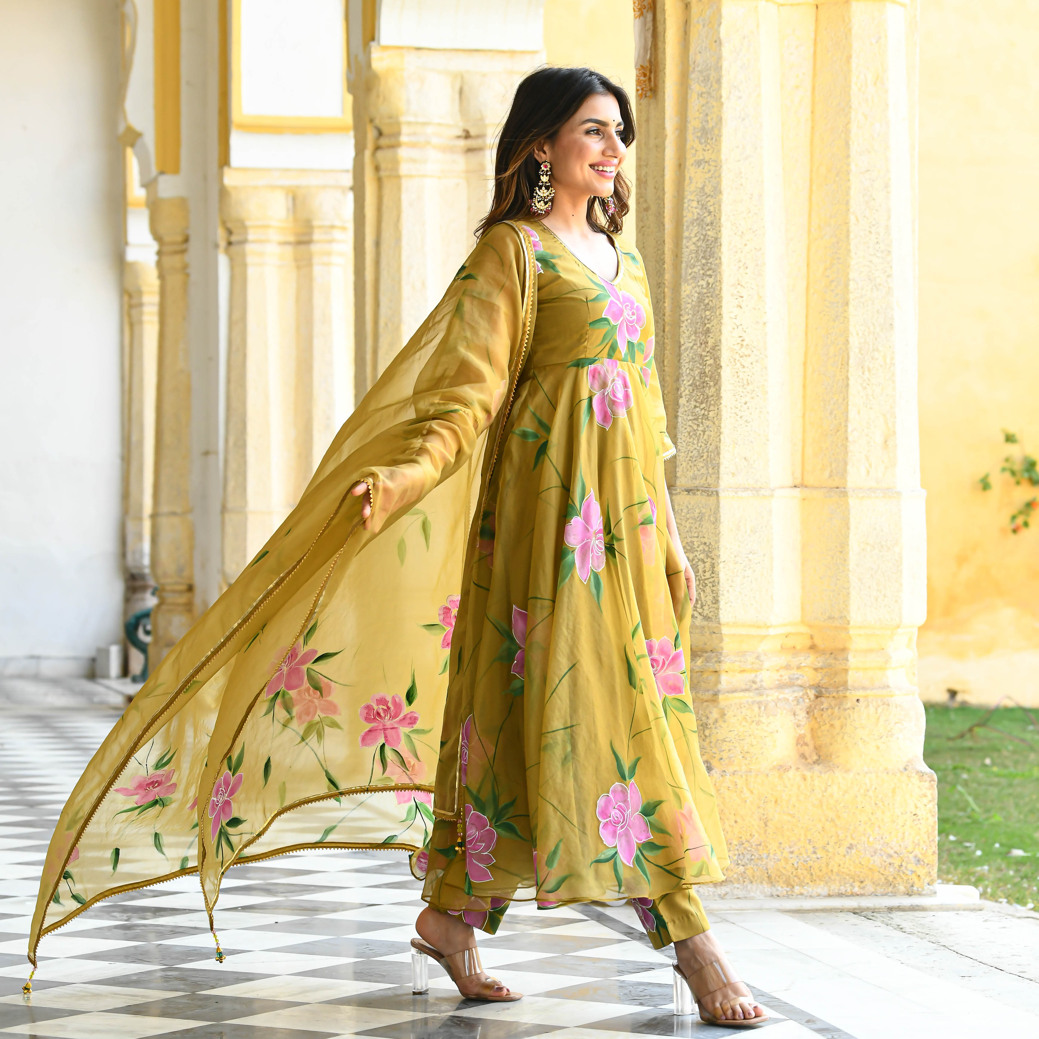 Sand yellow handpainted suit set for women online 