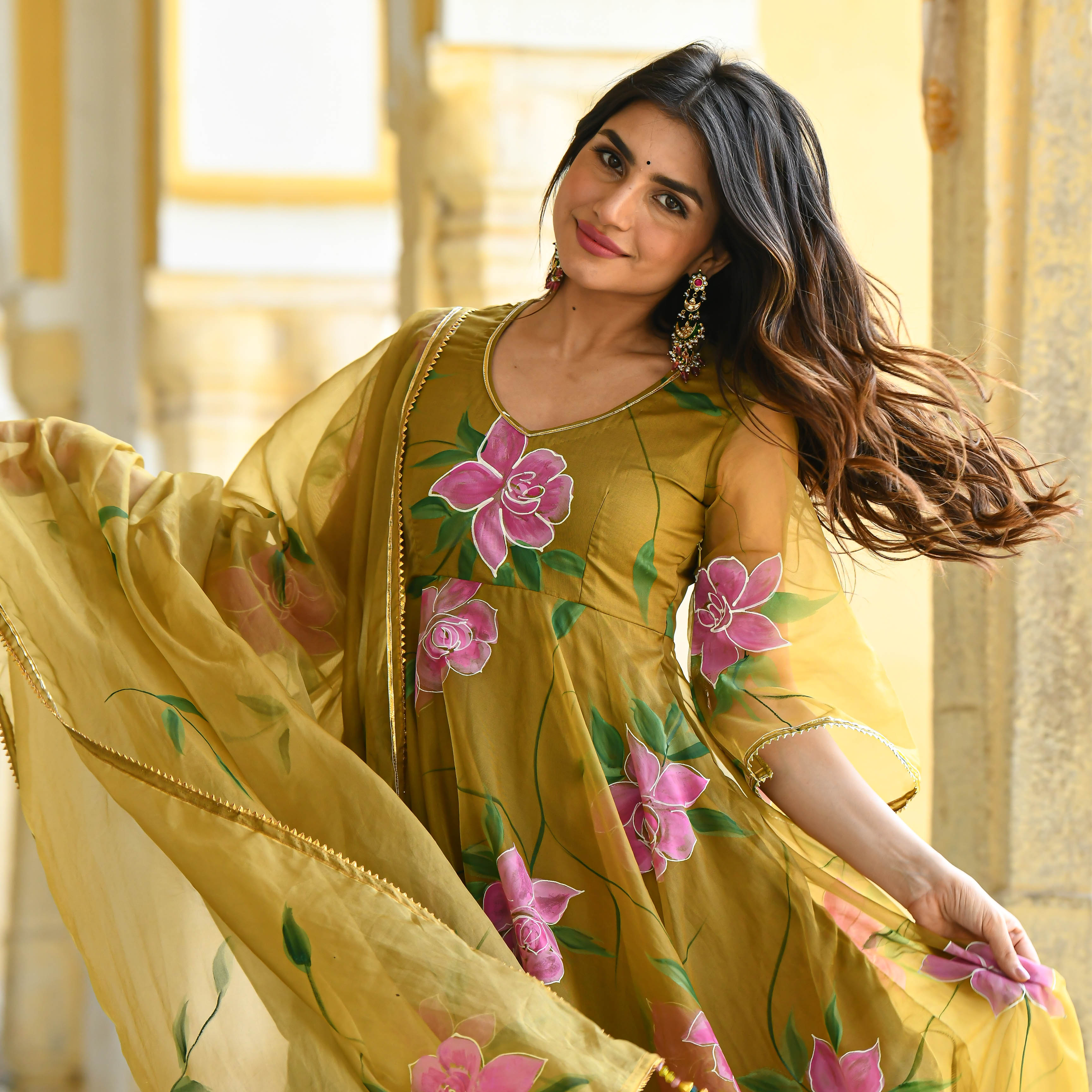  Sand Yellow Designer Handpainted Floral Organza Suit Set For Women Online