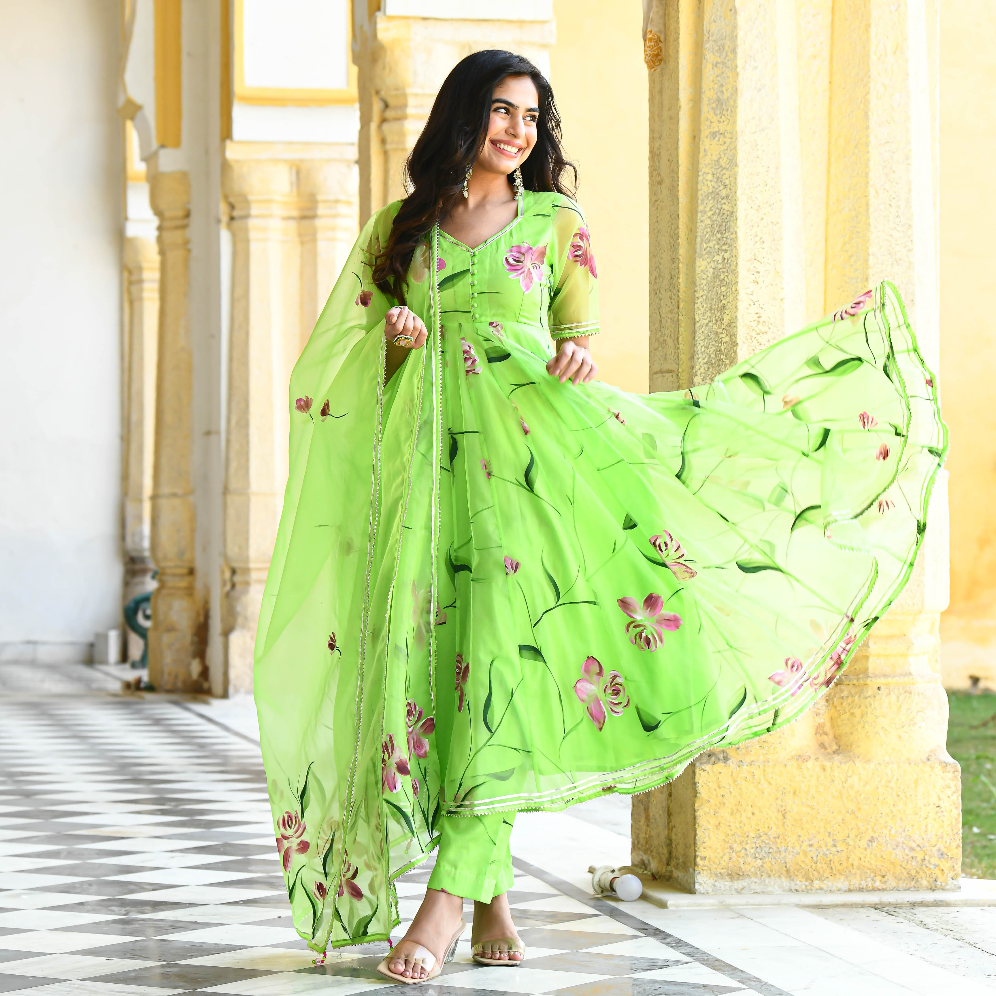 Buy Moss Green Designer Handpainted Floral Organza Suit Set for Women