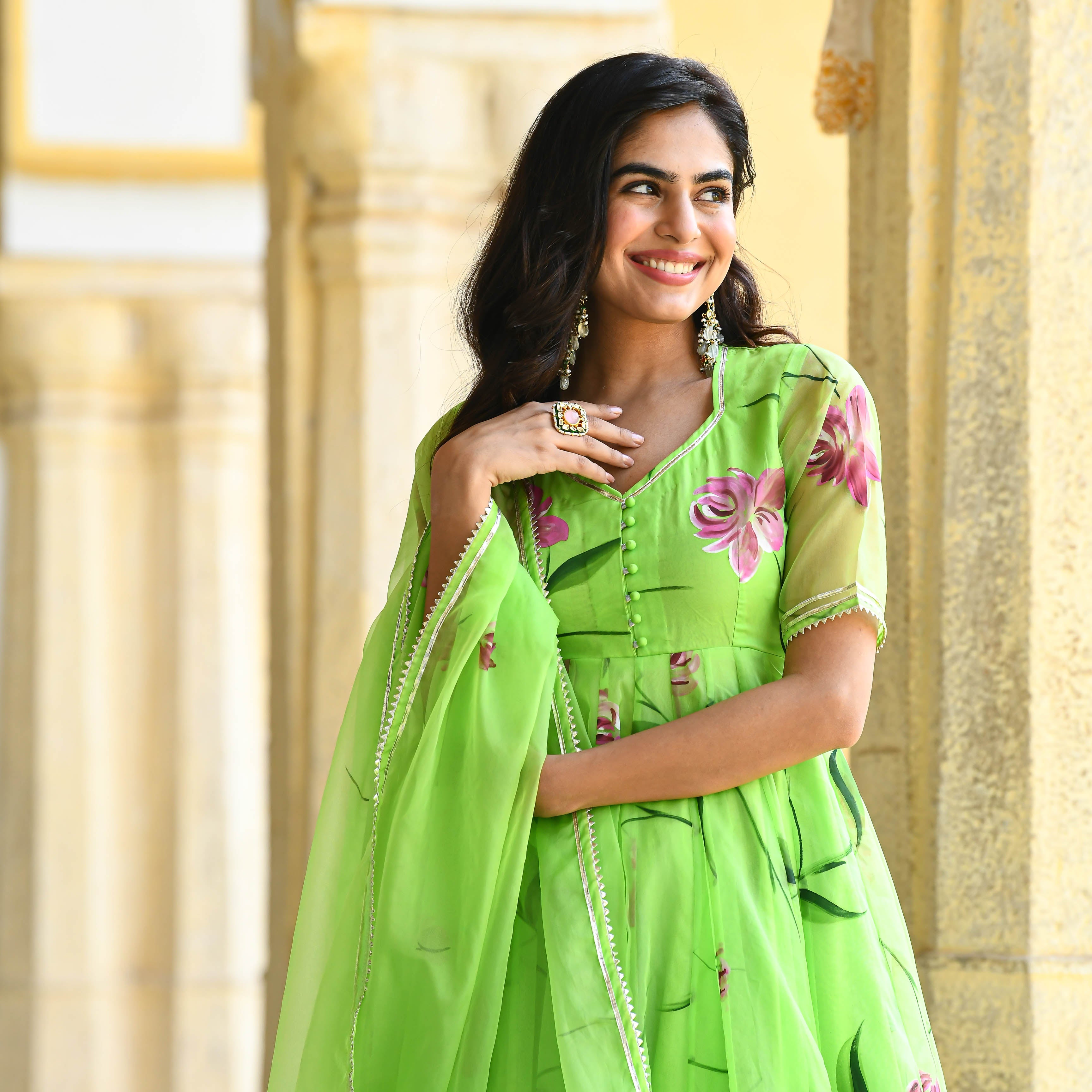 Vibrant Green Designer Handpainted Floral Organza Suit Set For Women Online
