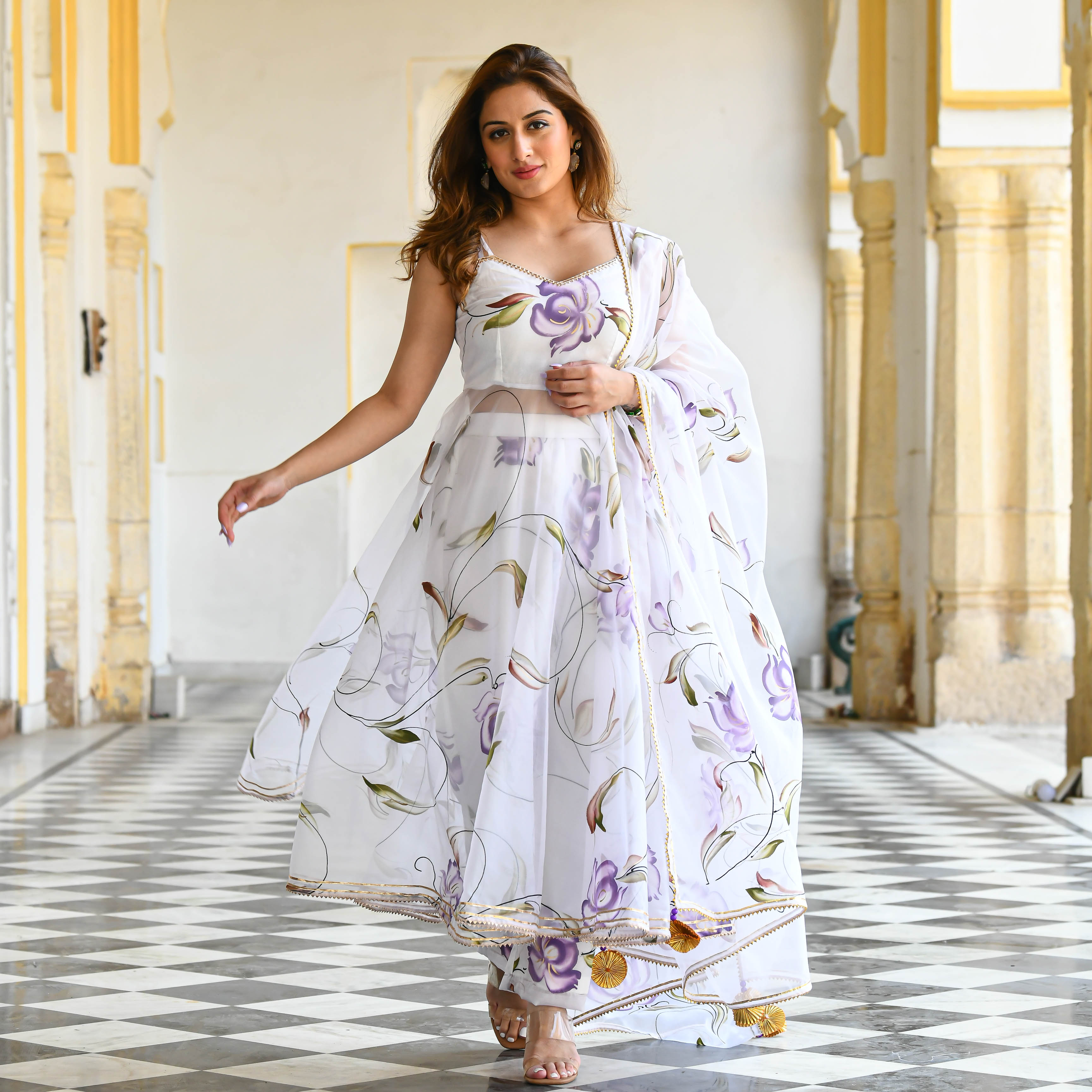 White Floral  handpainted suit set for women online 