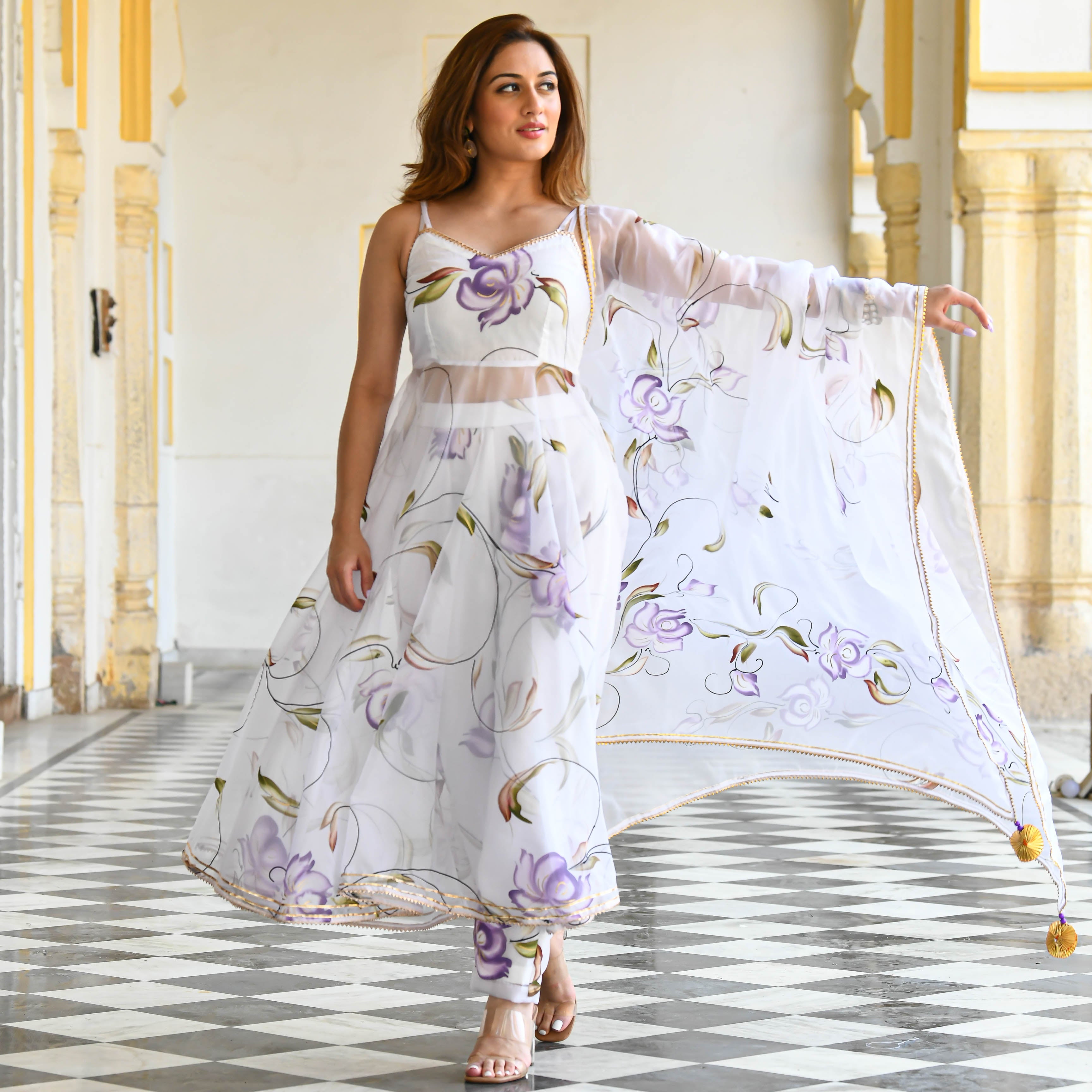 White Designer Handpainted Floral Organza Suit Set For Women Online