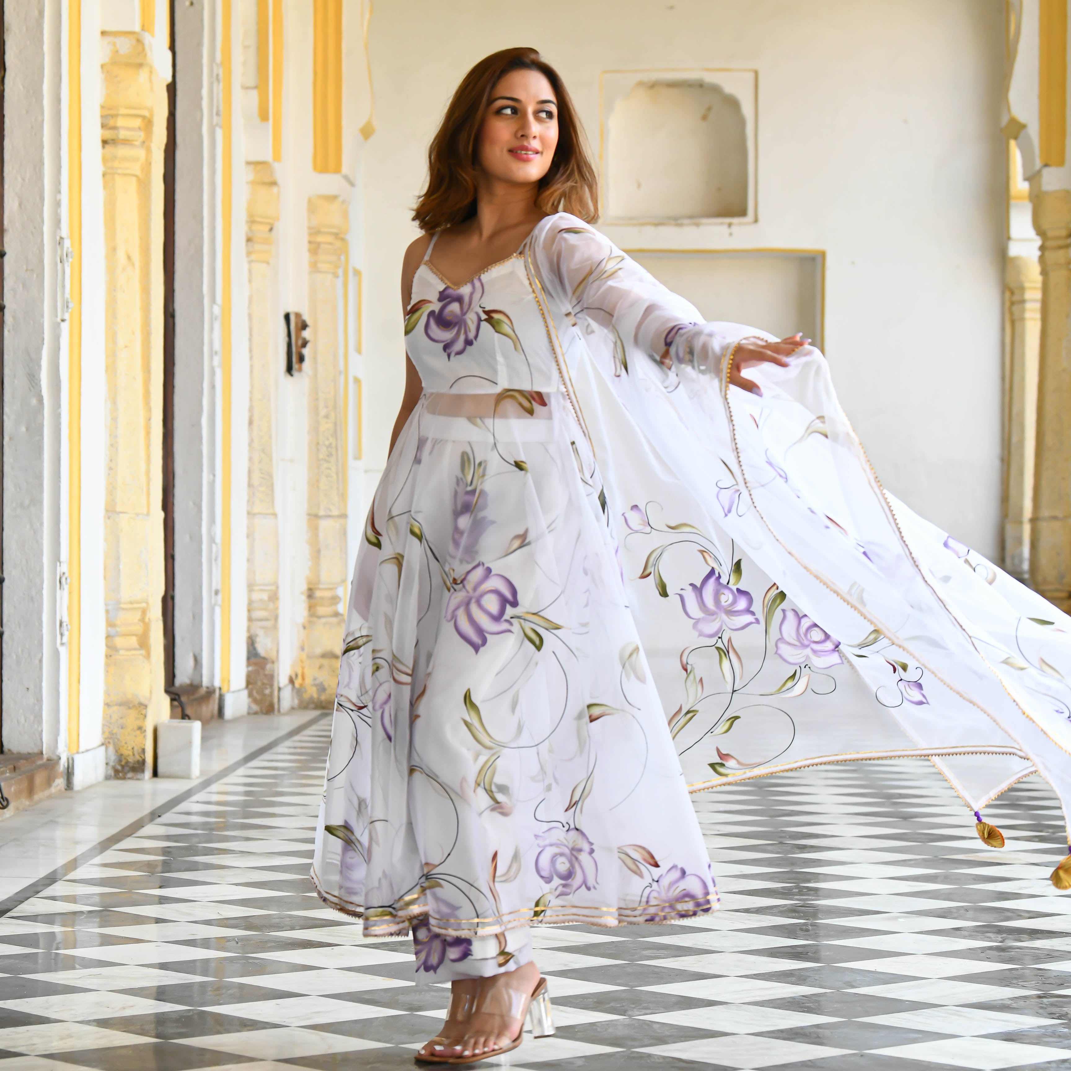 White Floral  handpainted suit set for women online 