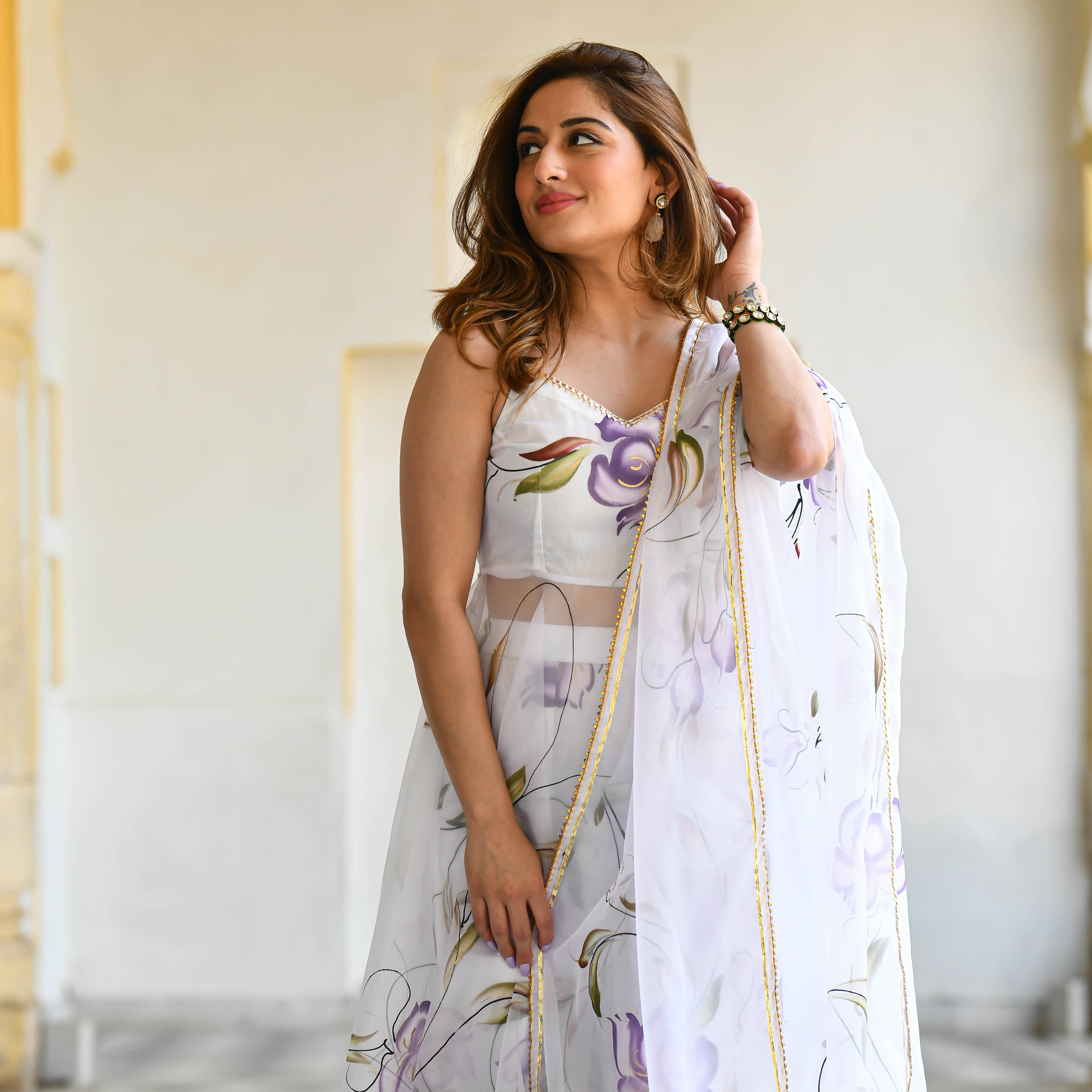 White Designer Handpainted Floral Organza Suit Set For Women Online