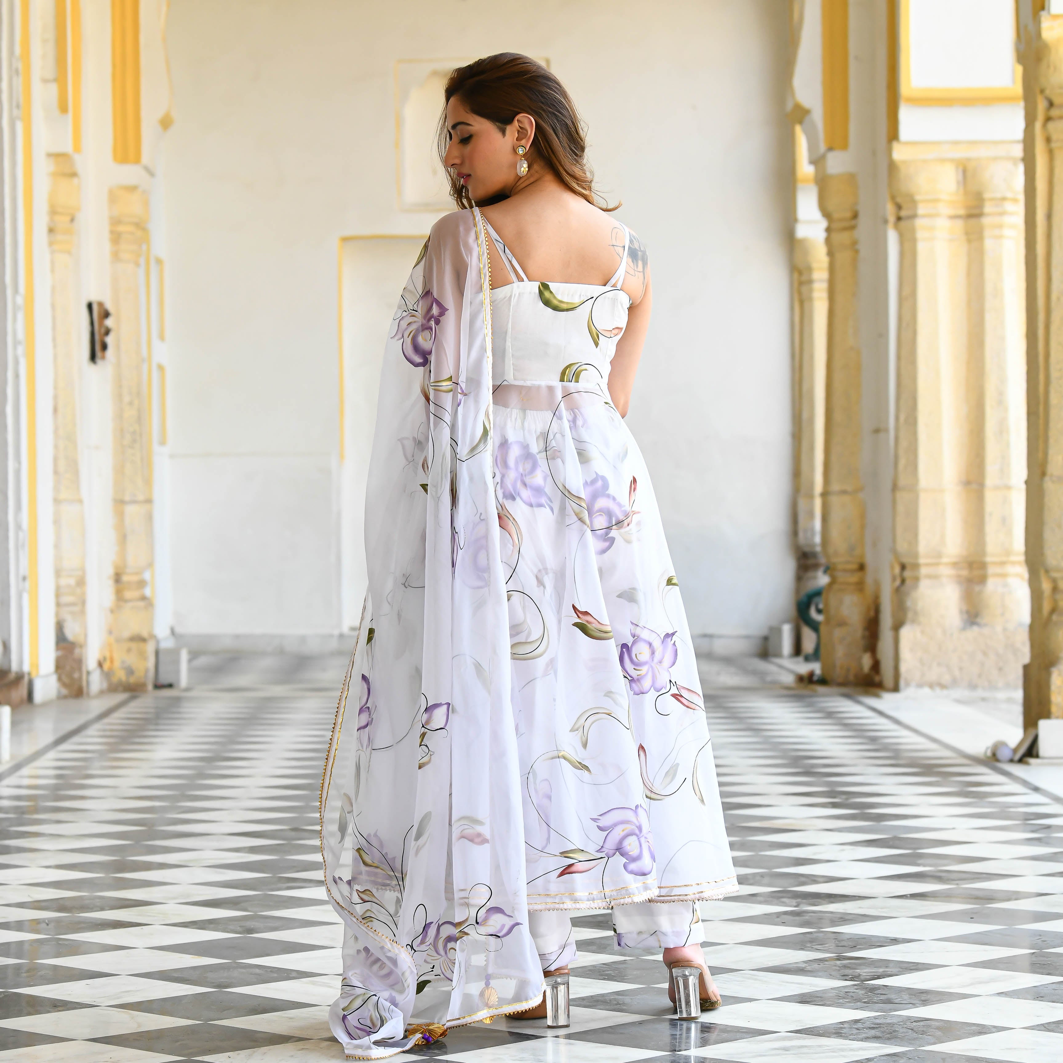White Floral  handpainted suit set for women online 