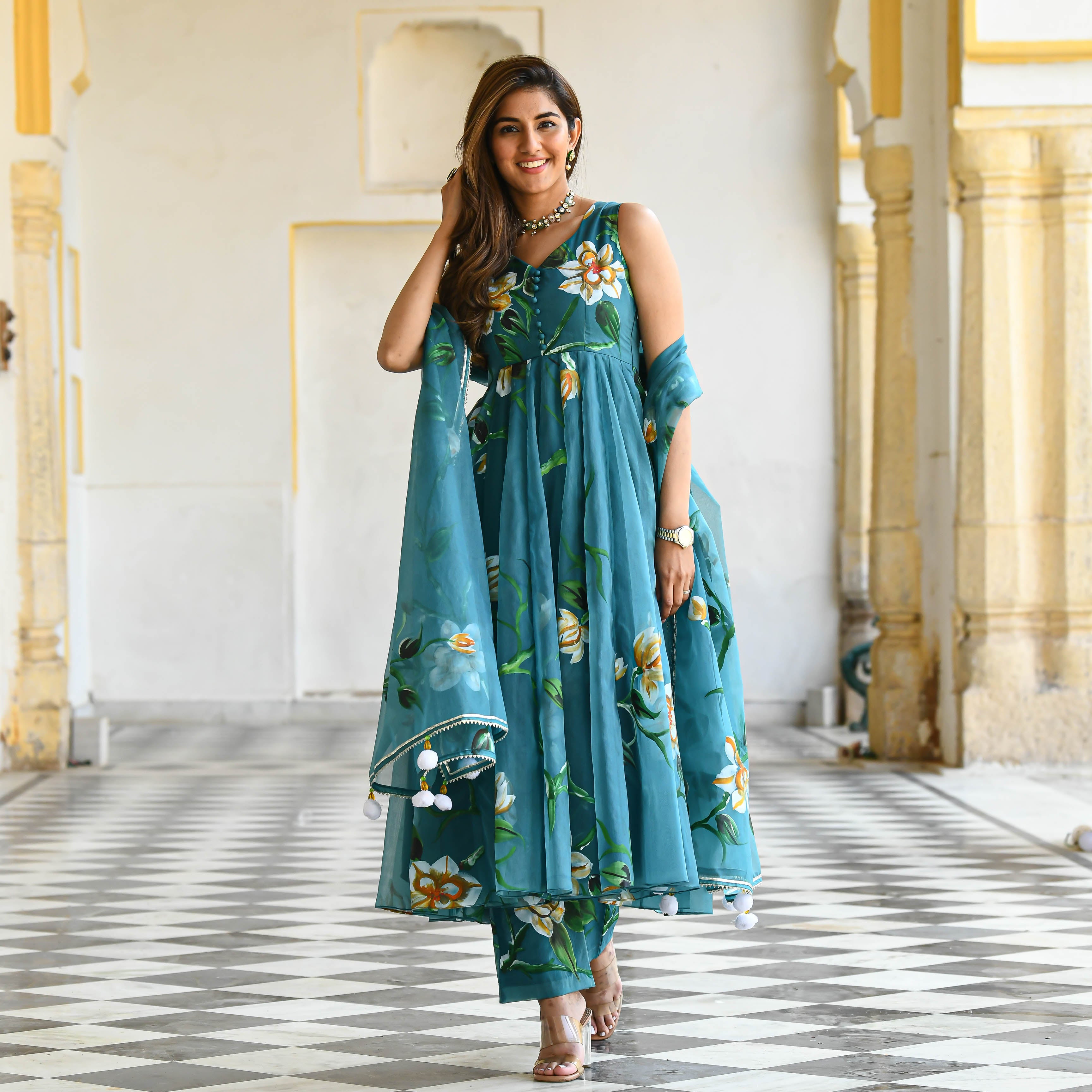 Ocean Floral  handpainted suit set for women online 