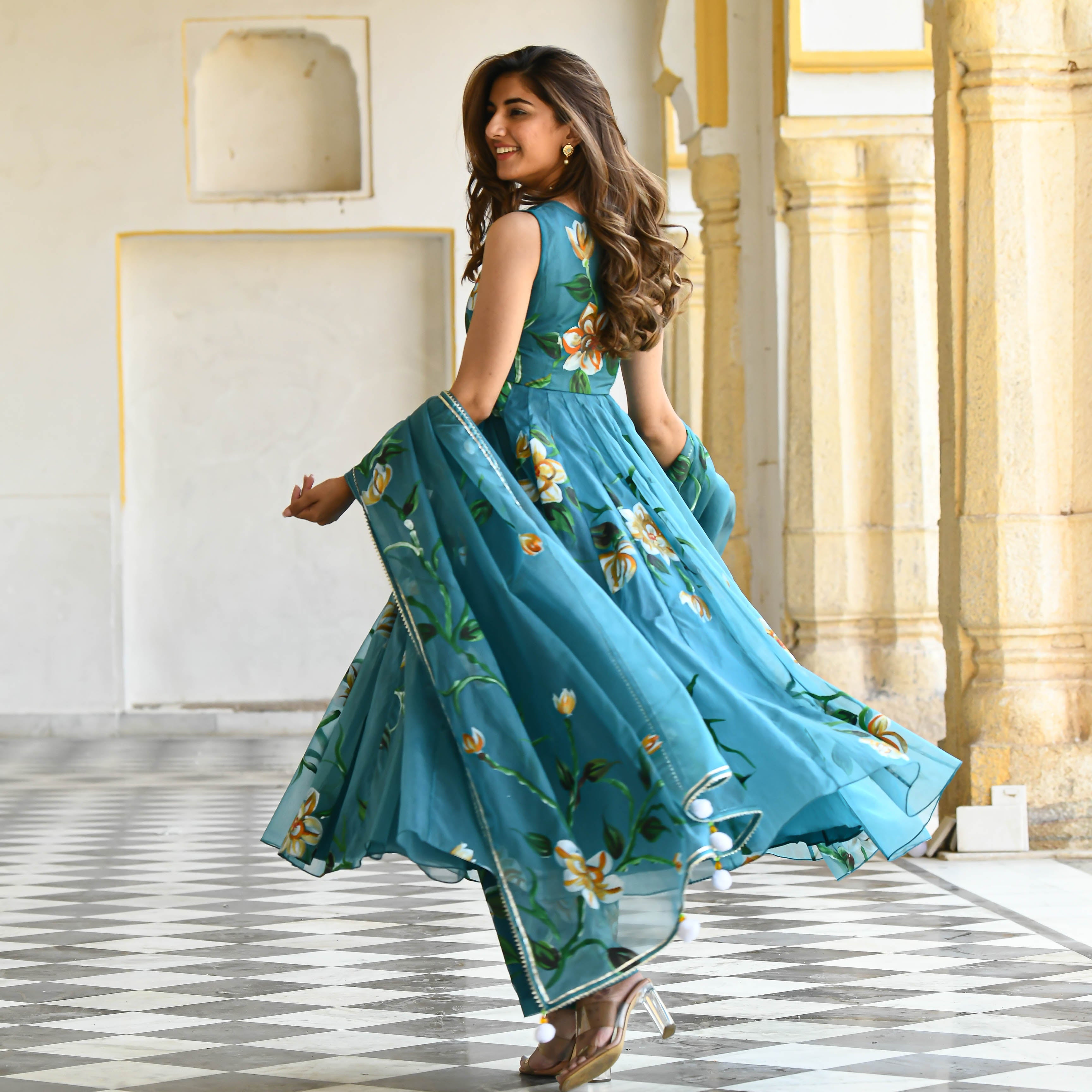 Ocean Floral  handpainted suit set for women online 