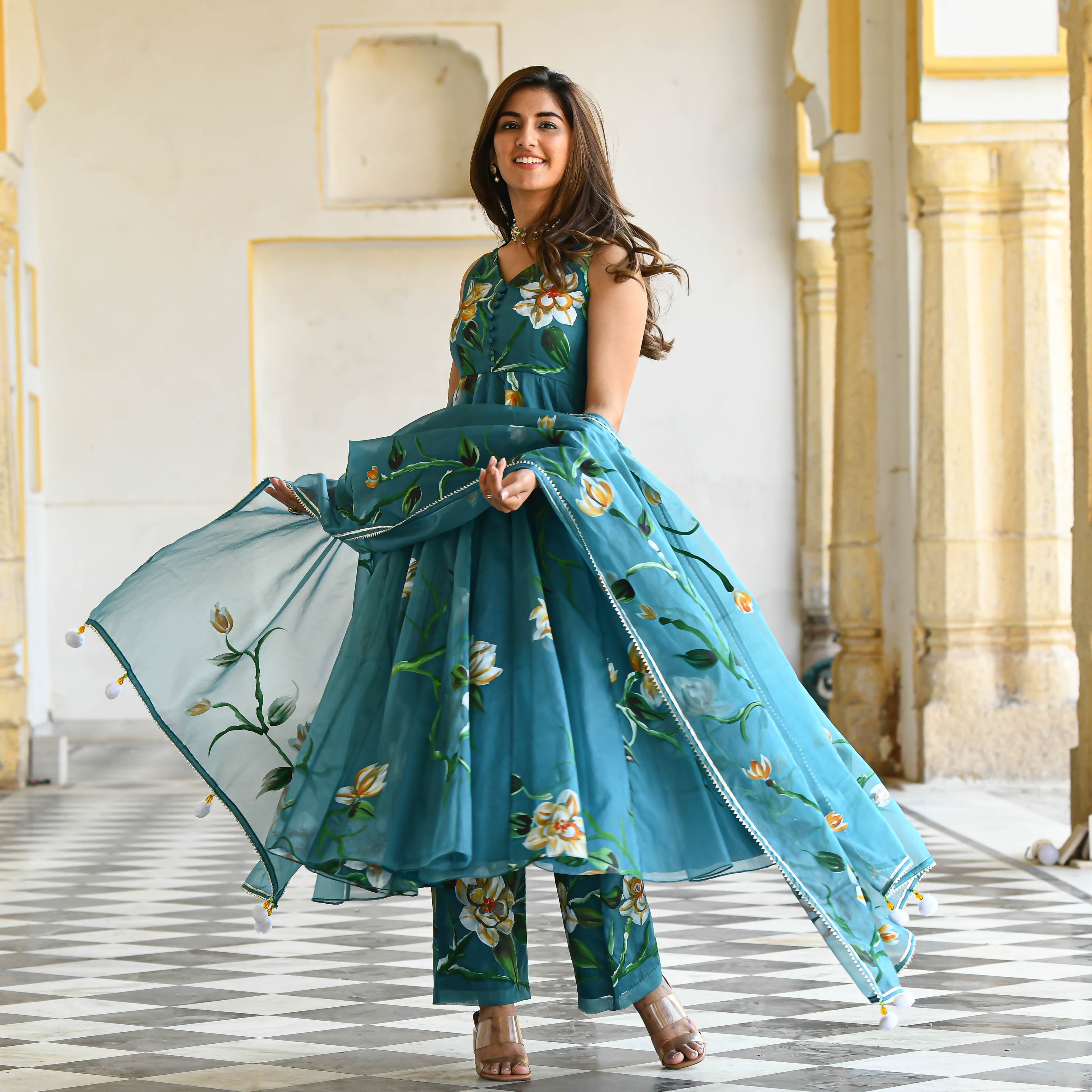 Ocean Floral  handpainted suit set for women online 