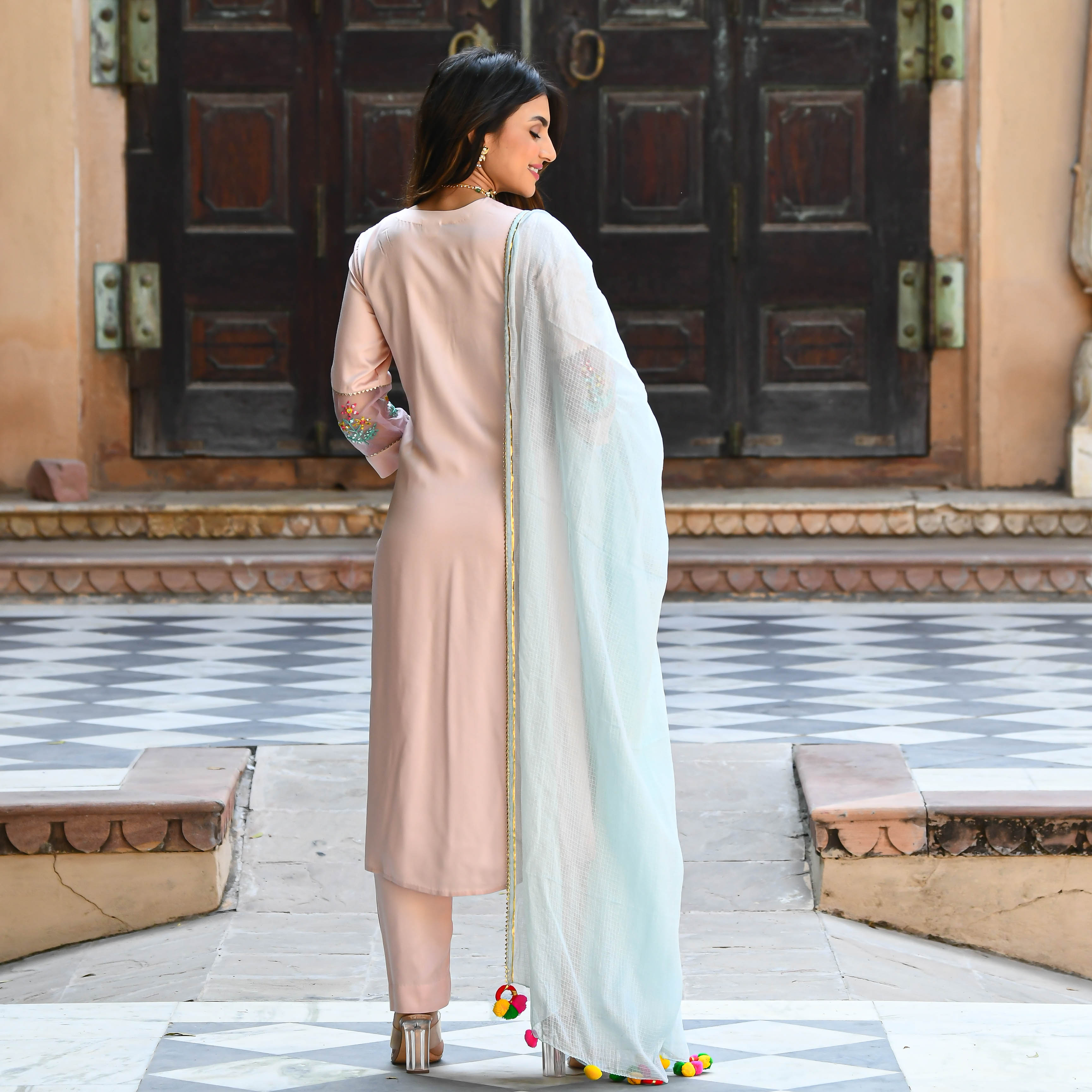 Baby Blue Pink Embroidered Straight Suit
