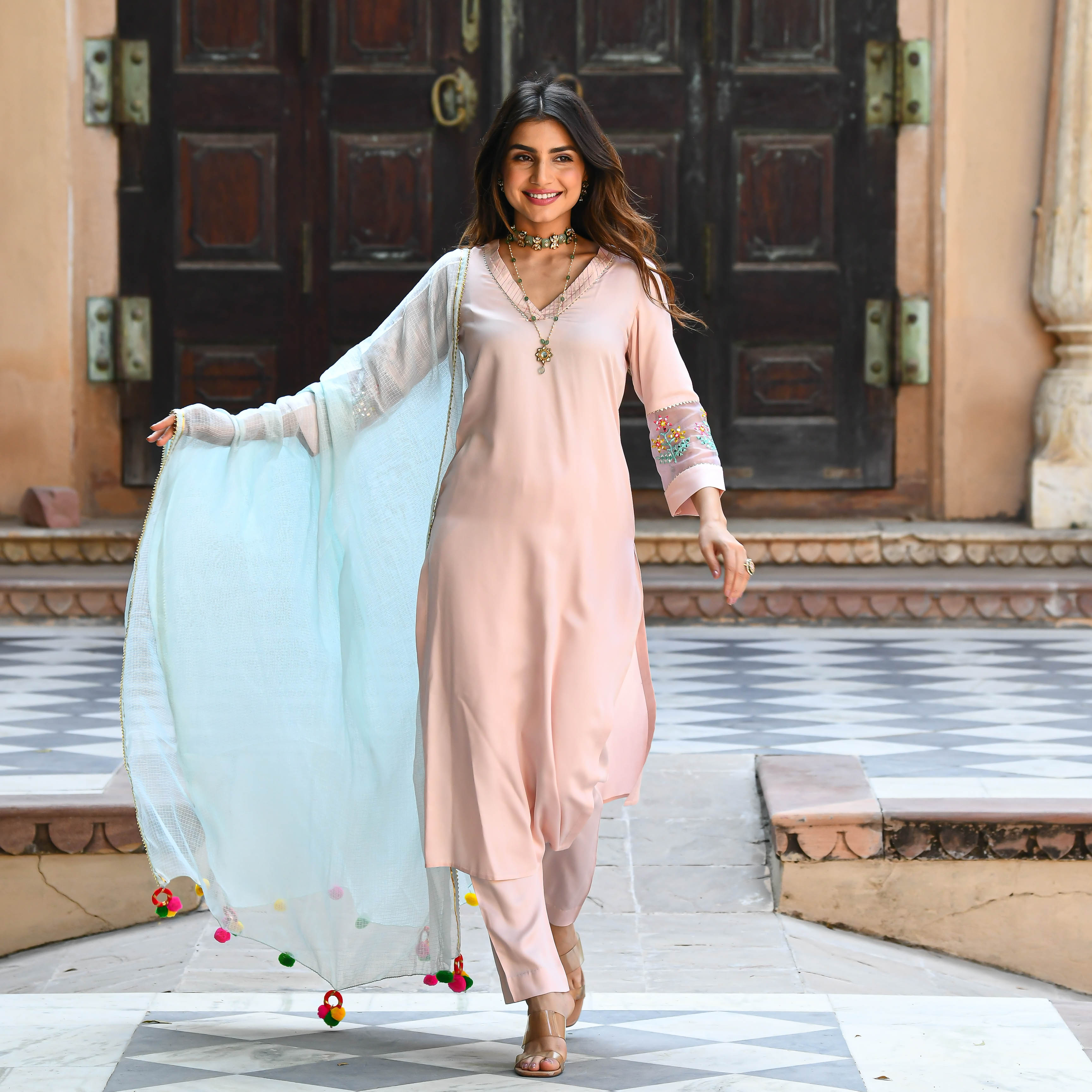 Baby Blue Pink Embroidered Straight Suit