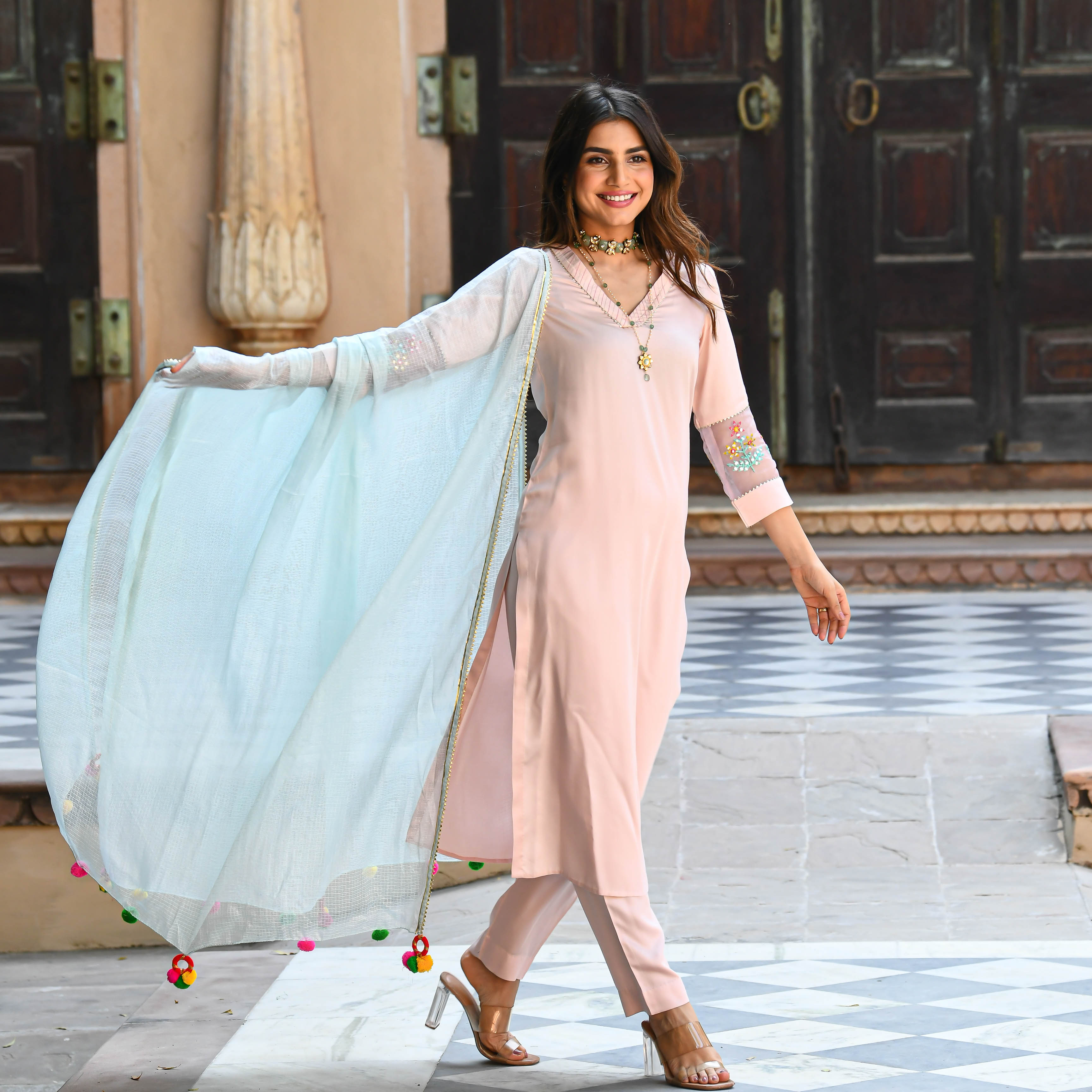 Baby Blue Pink Embroidered Straight Suit