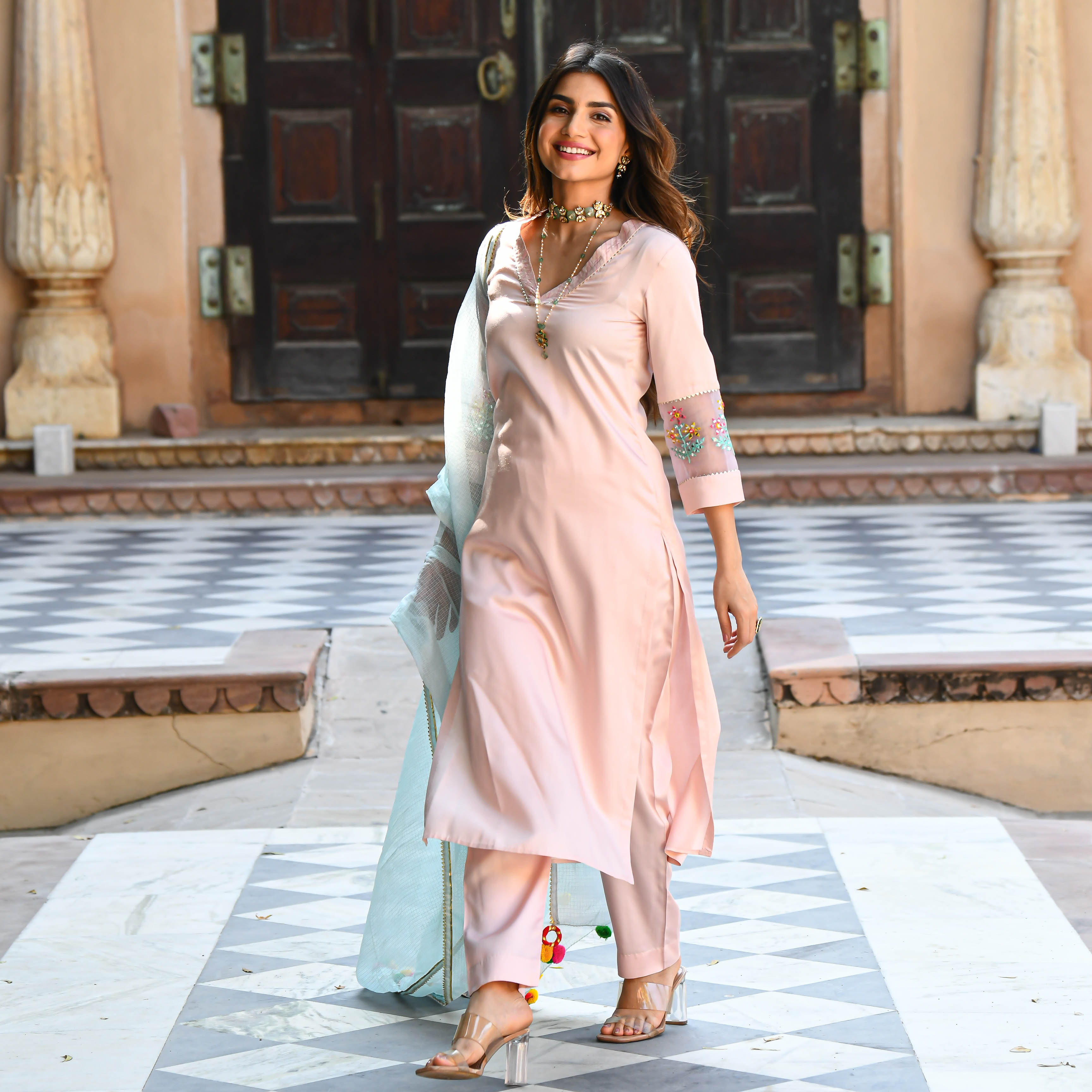 Baby Blue Pink Embroidered Straight Suit