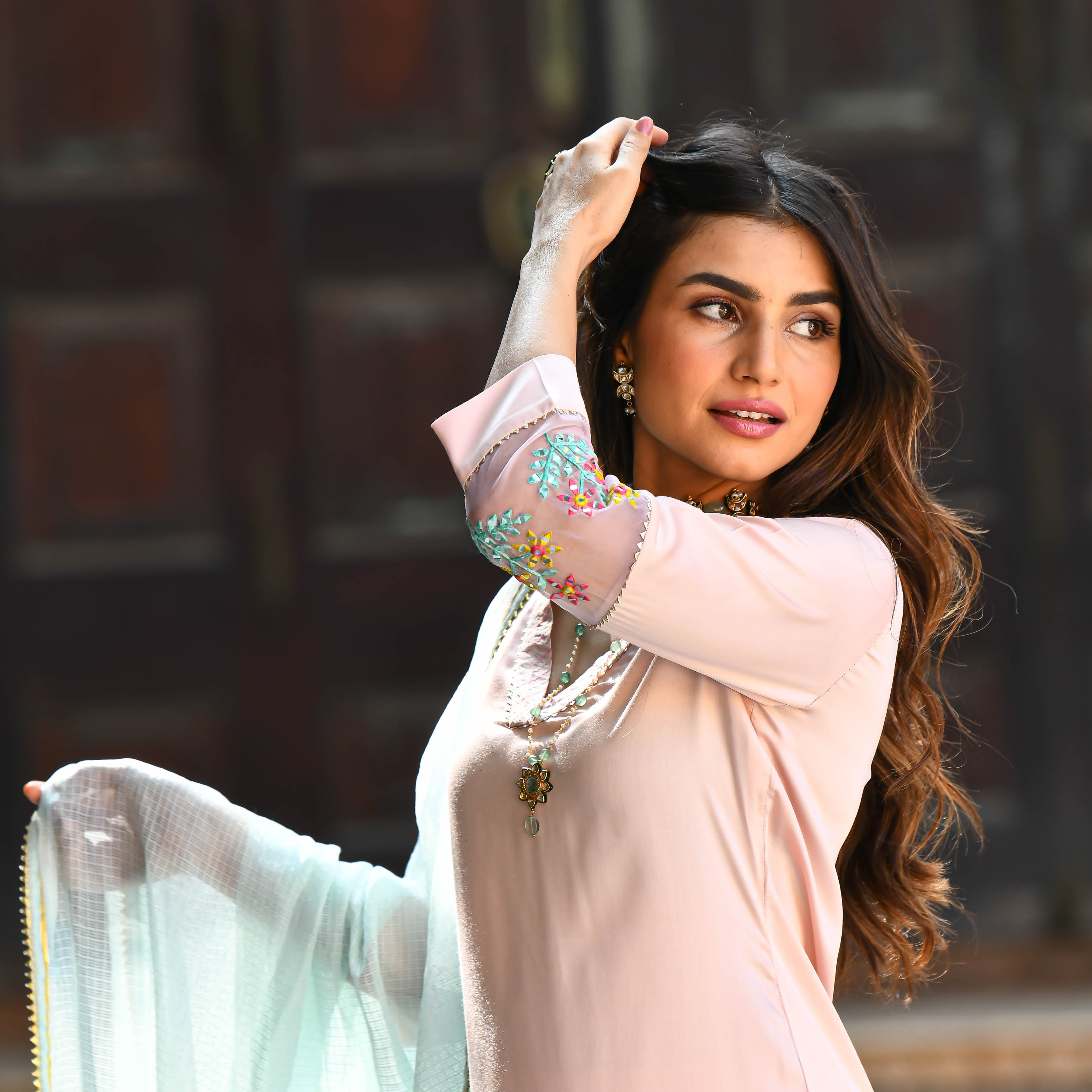 Baby Blue Pink Embroidered Straight Suit