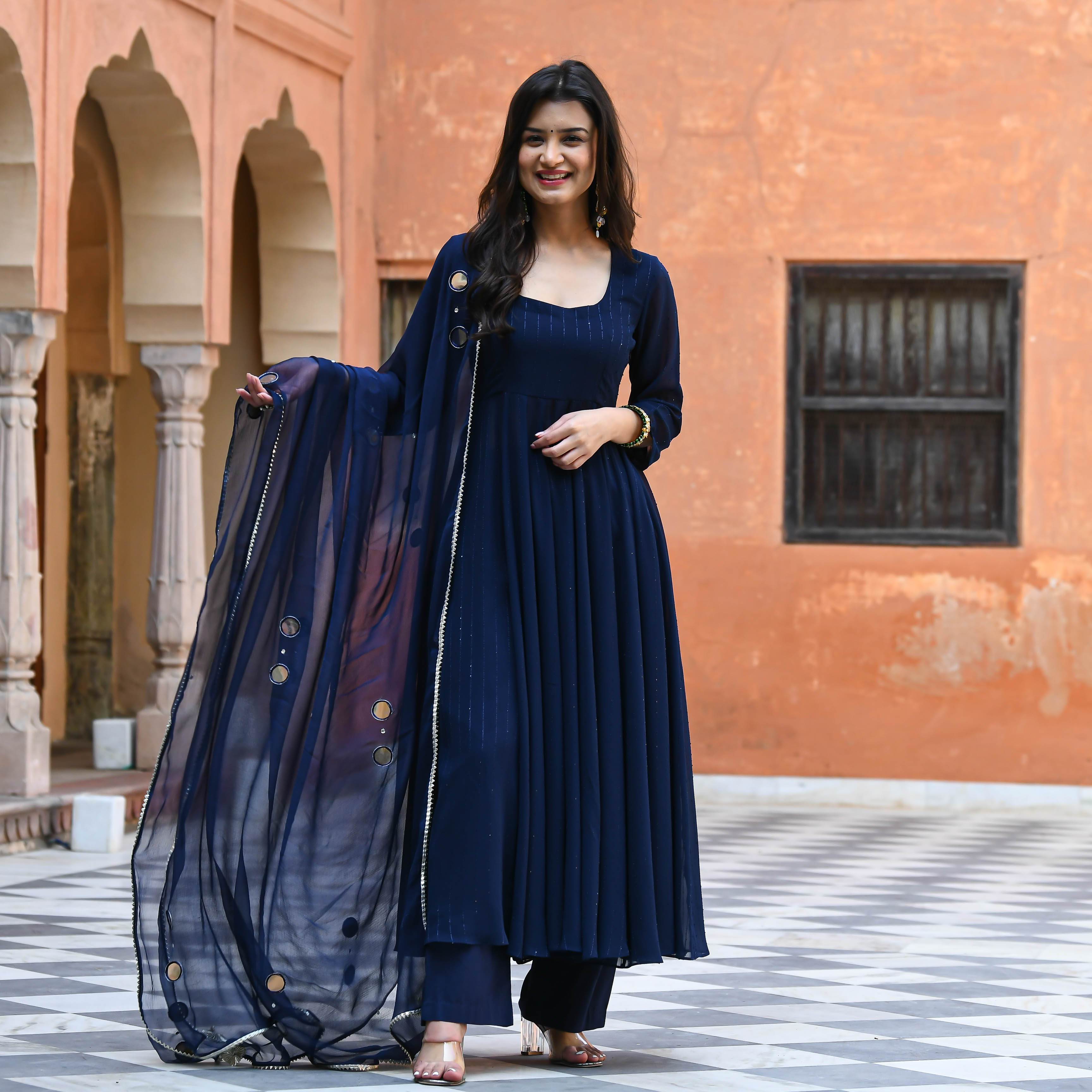 Dark Blue Sequin Anarkali Suit Set for women online