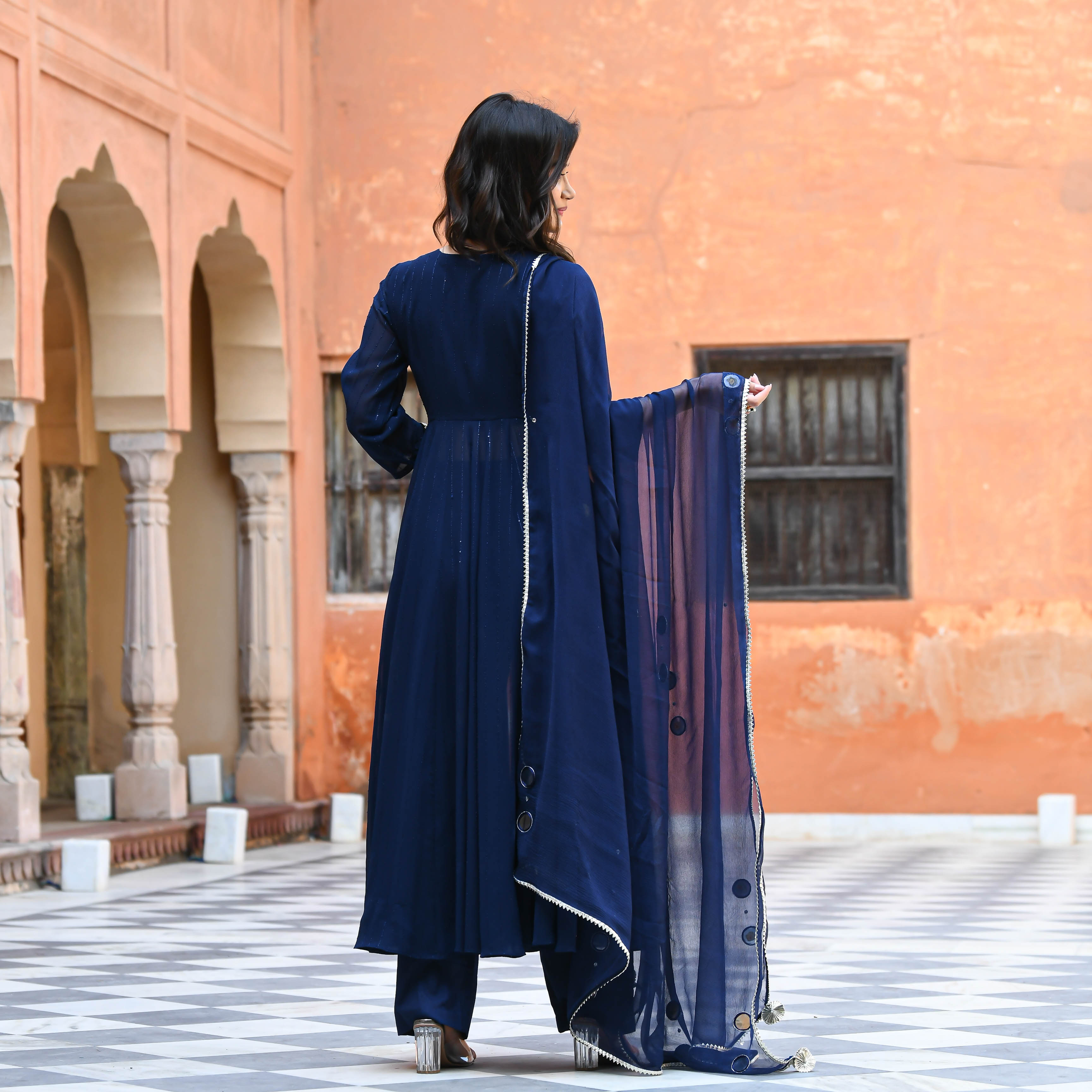 Dark Blue Sequin Anarkali Suit Set for women online