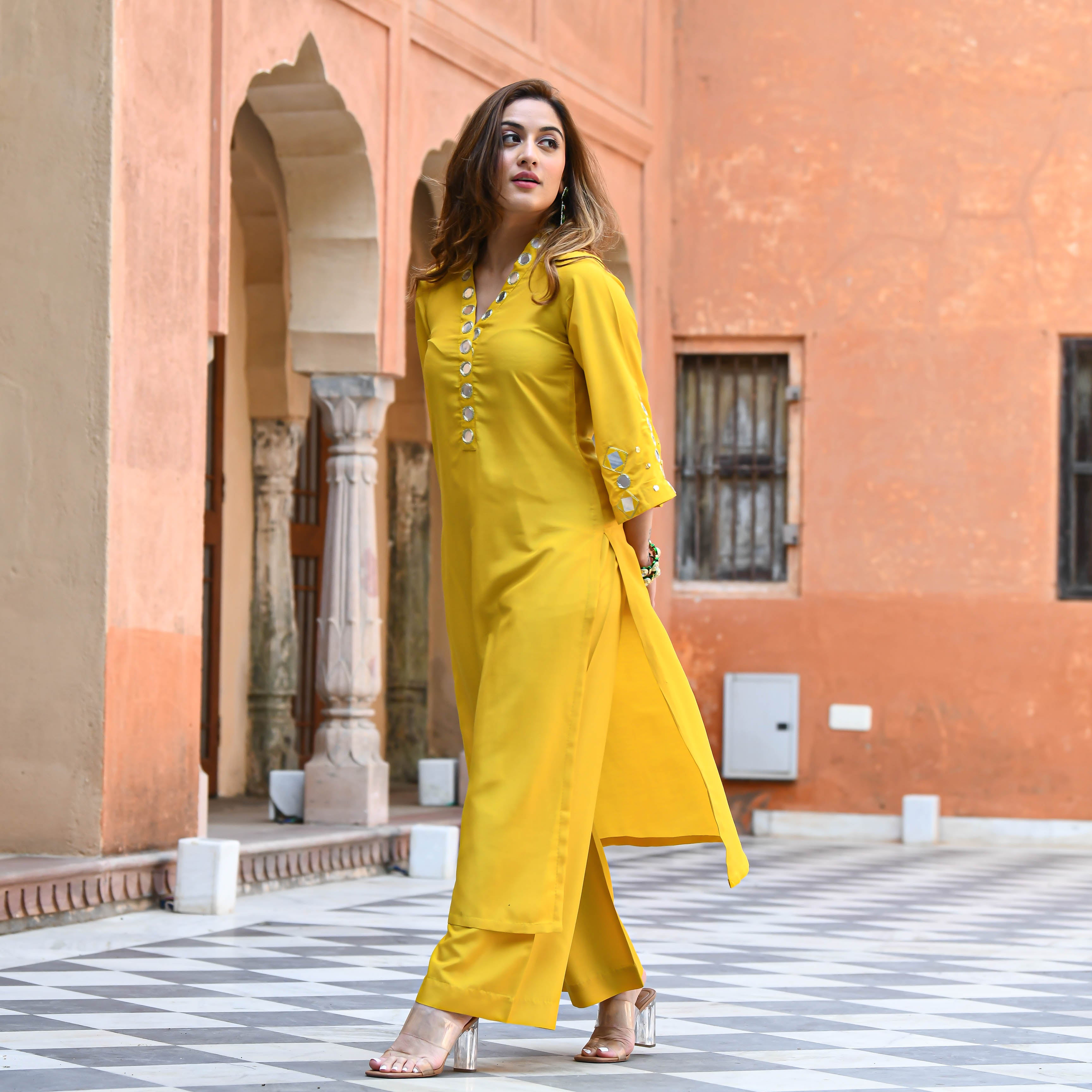 Yellow Mirror Work Kurta Set for women online