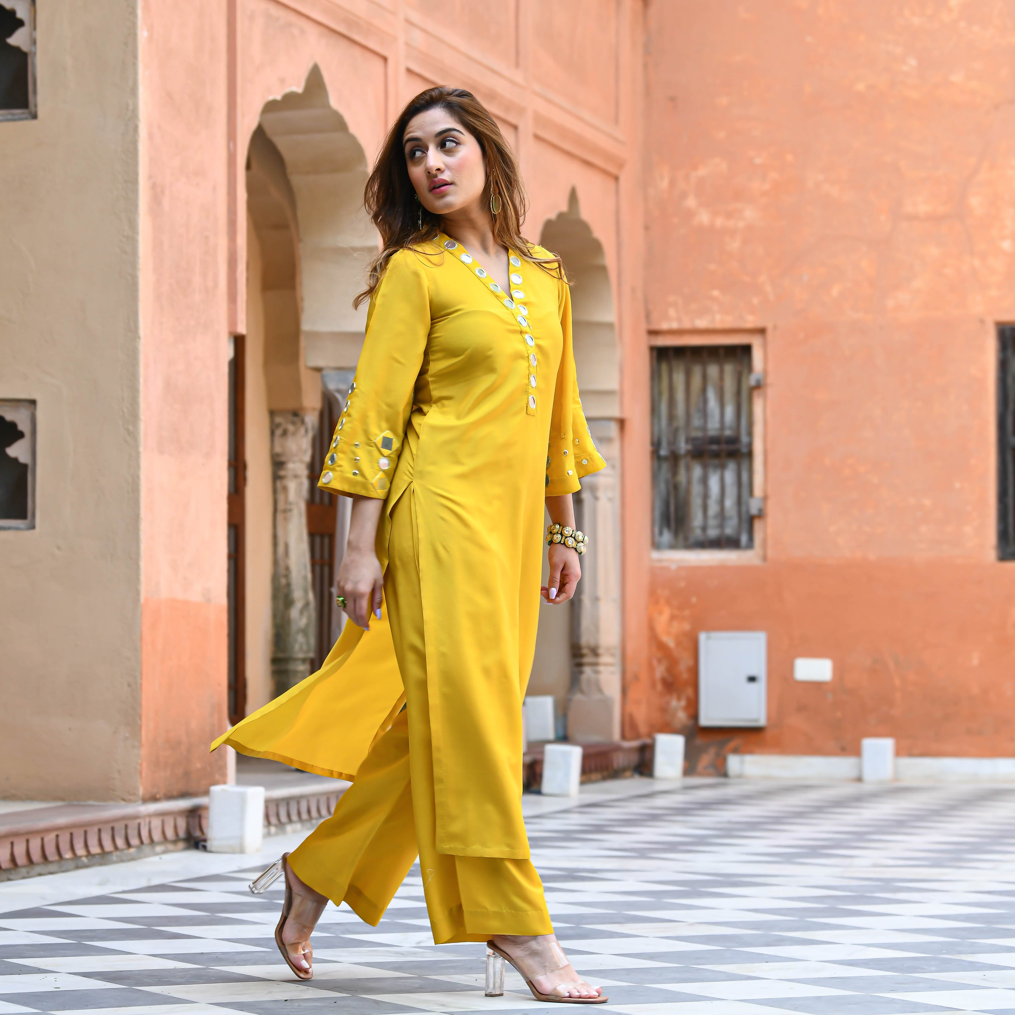 Yellow Mirror Work Kurta Set for women online