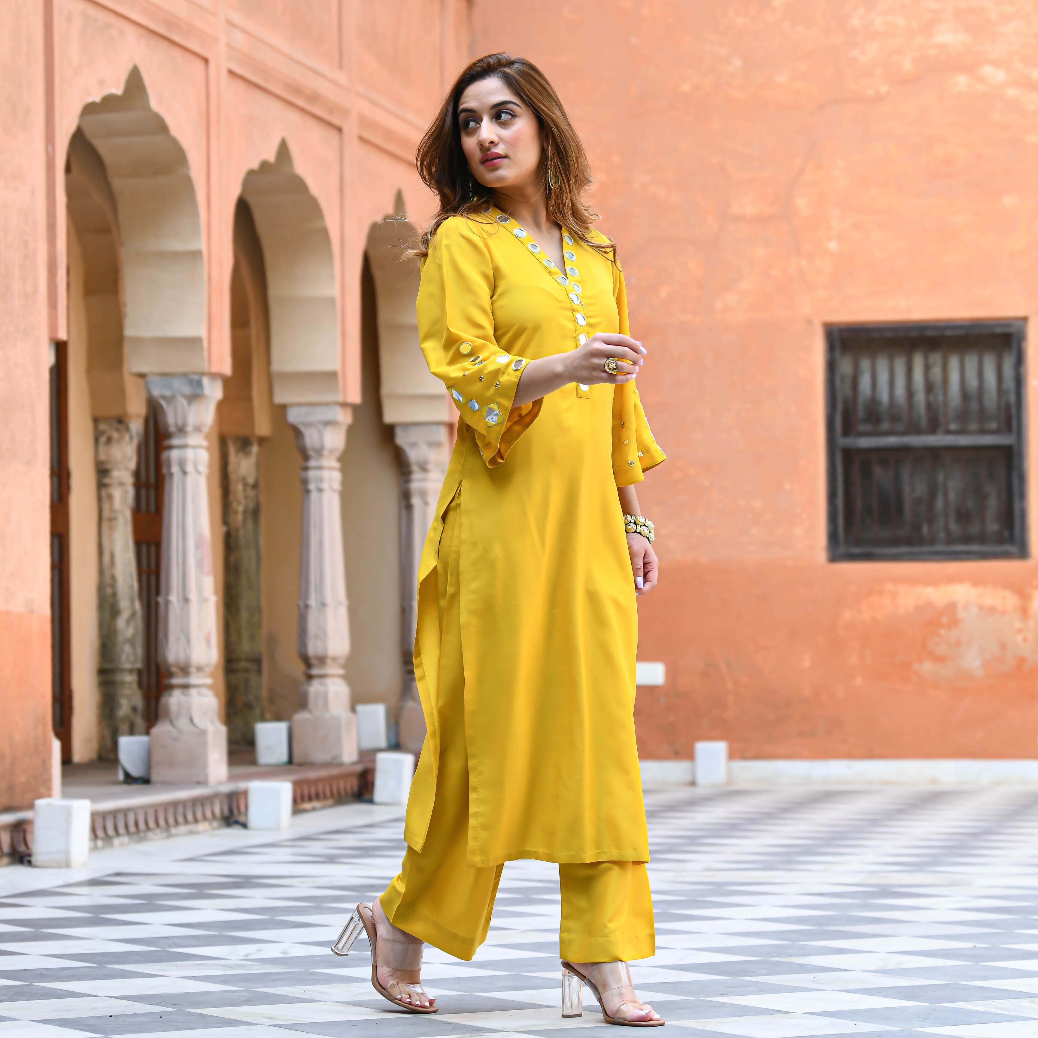 Yellow Mirror Work Kurta Set for women online