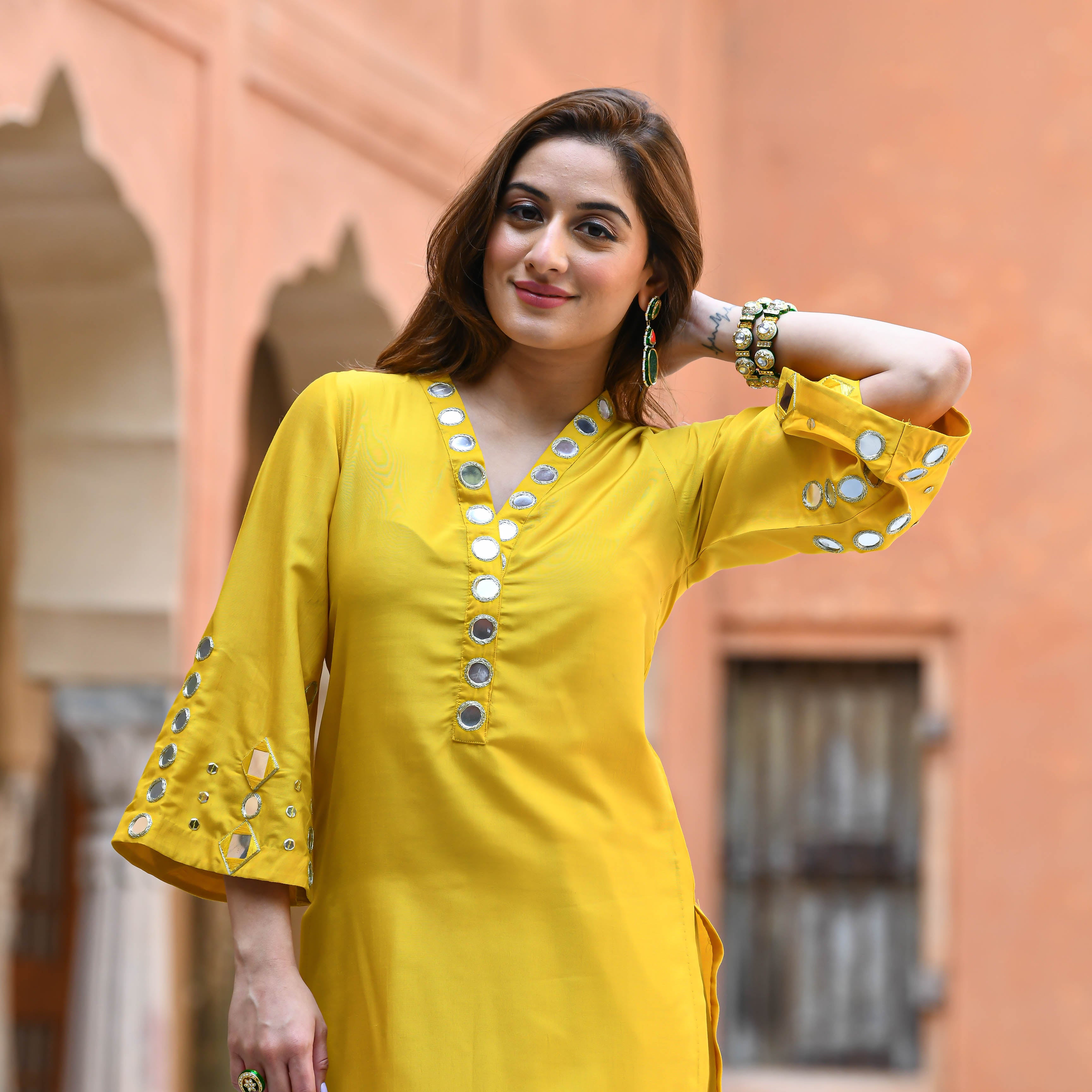 Yellow Mirror Work Kurta Pant Set For Women Online 