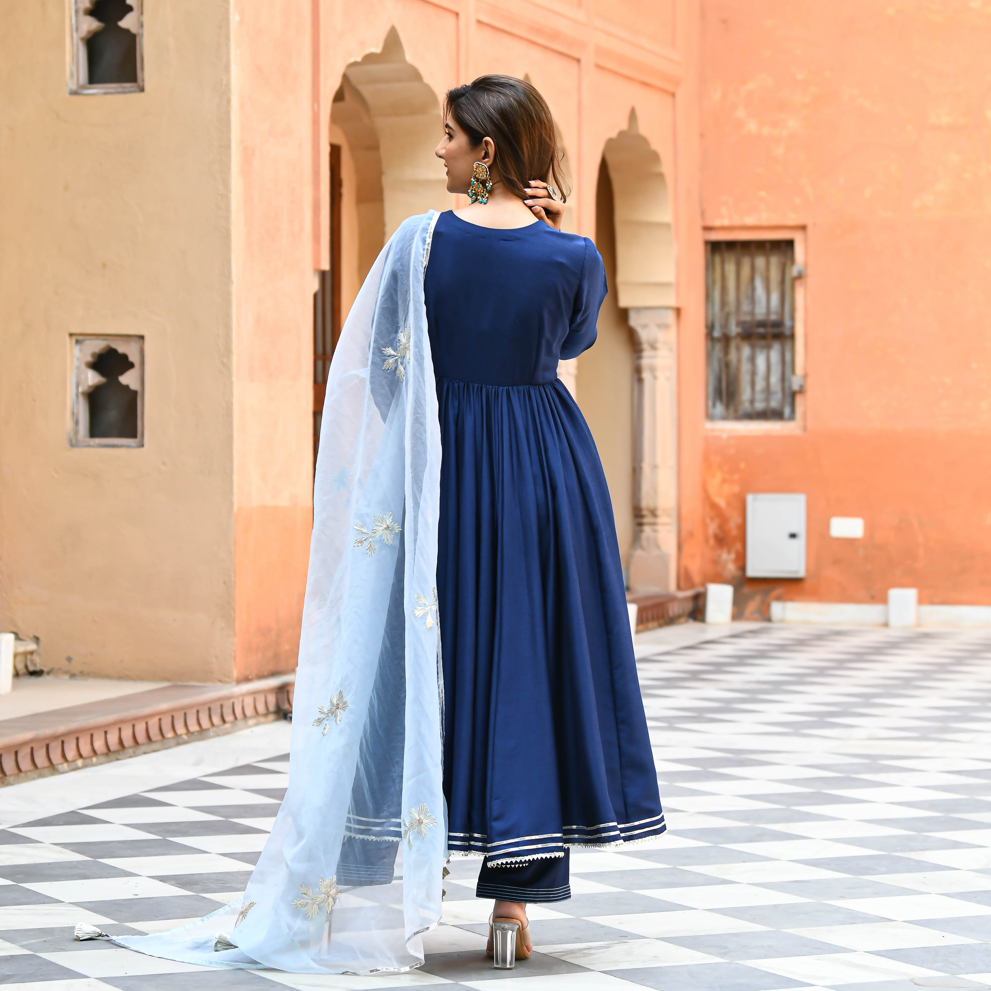 Blue Anarkali full sleeve Suit Set for women online