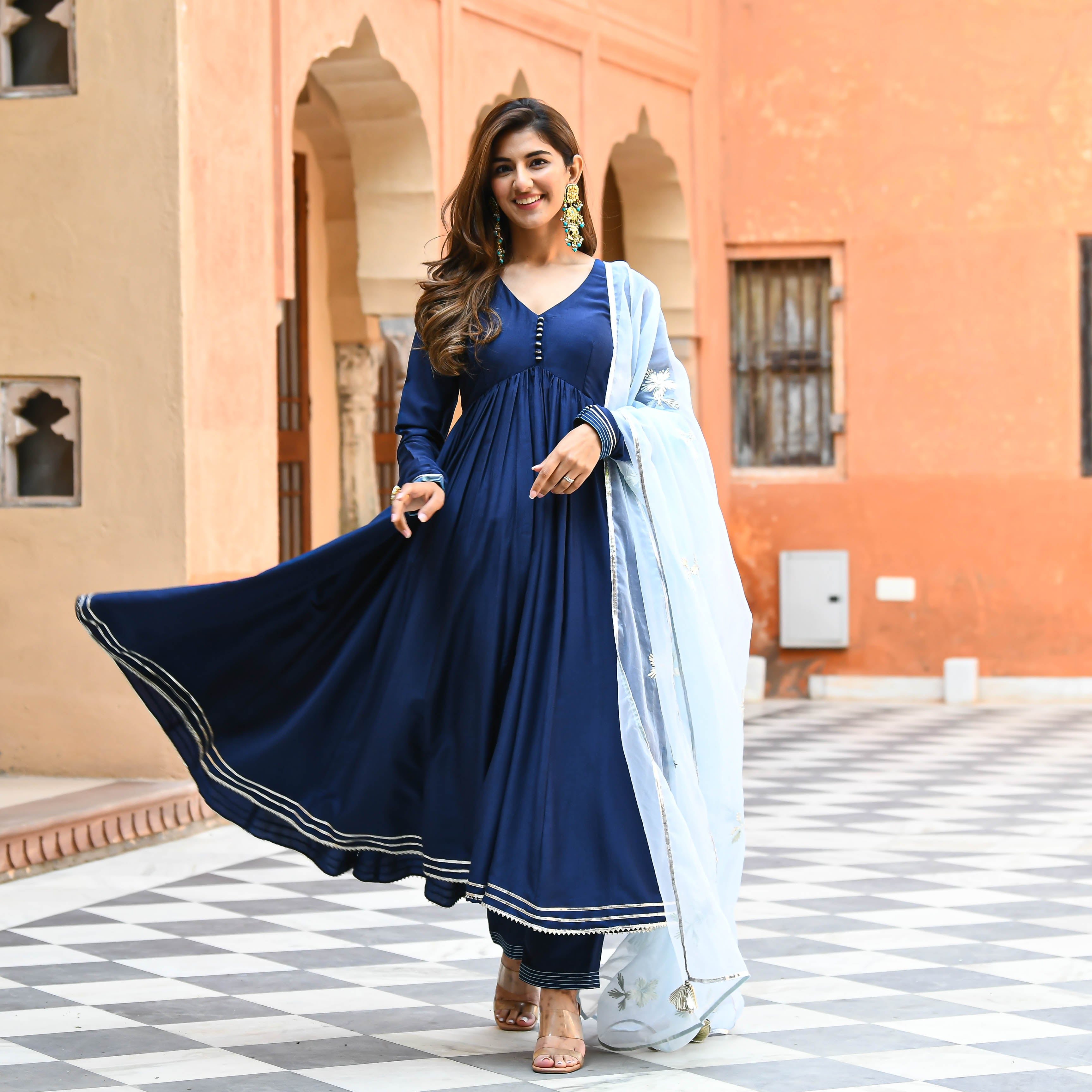 Blue Anarkali full sleeve Suit Set for women online