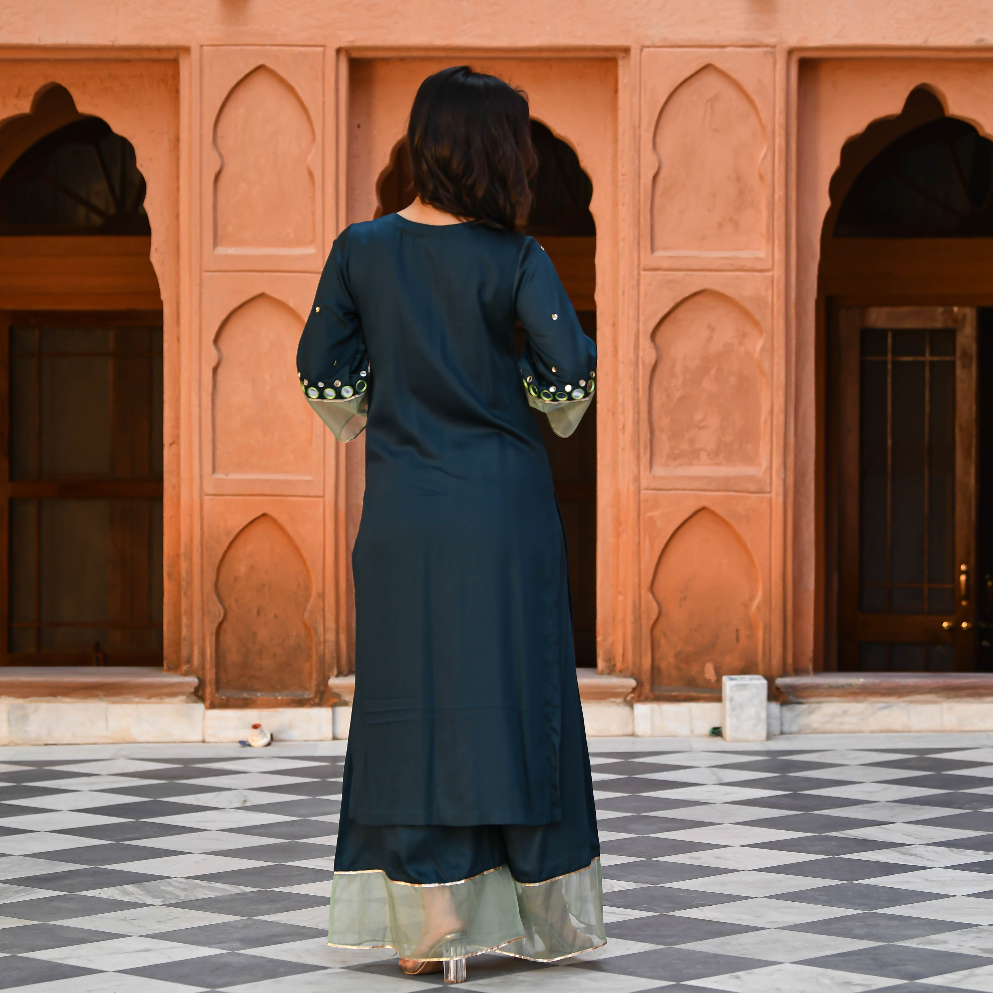 Dark Green Mirror Work Kurta Set for Women Online