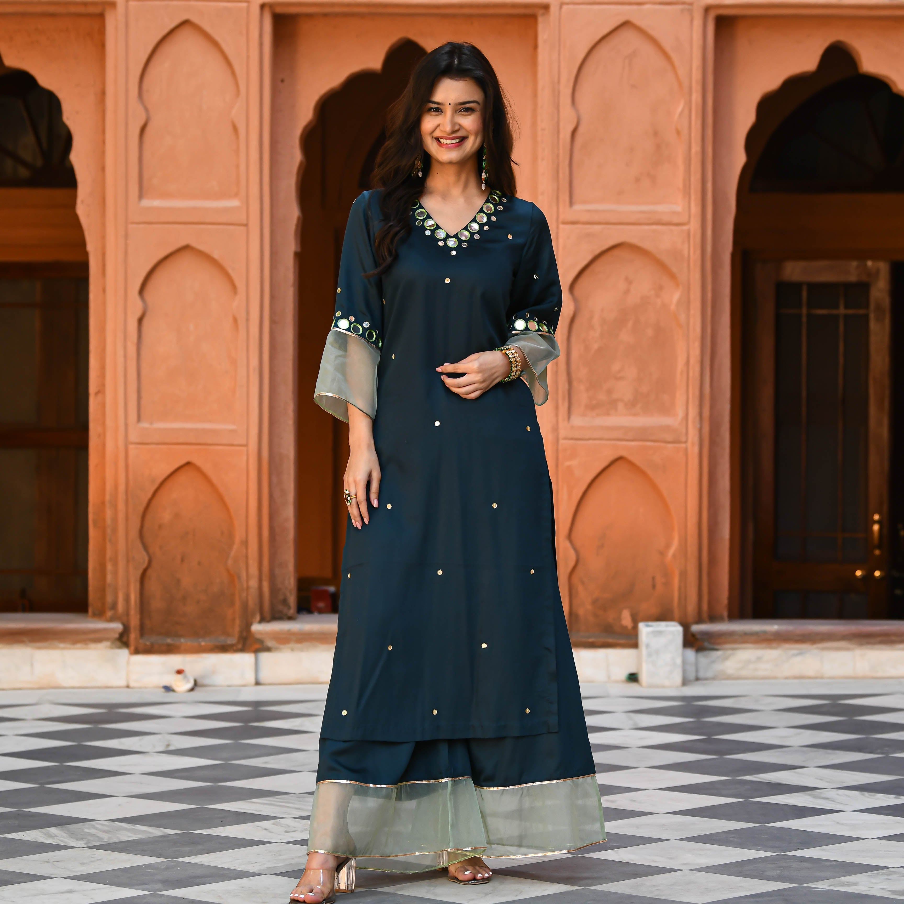 Stunning Green Color Heavy Rayon With Embroidery Mirror Work Plazzo Suit