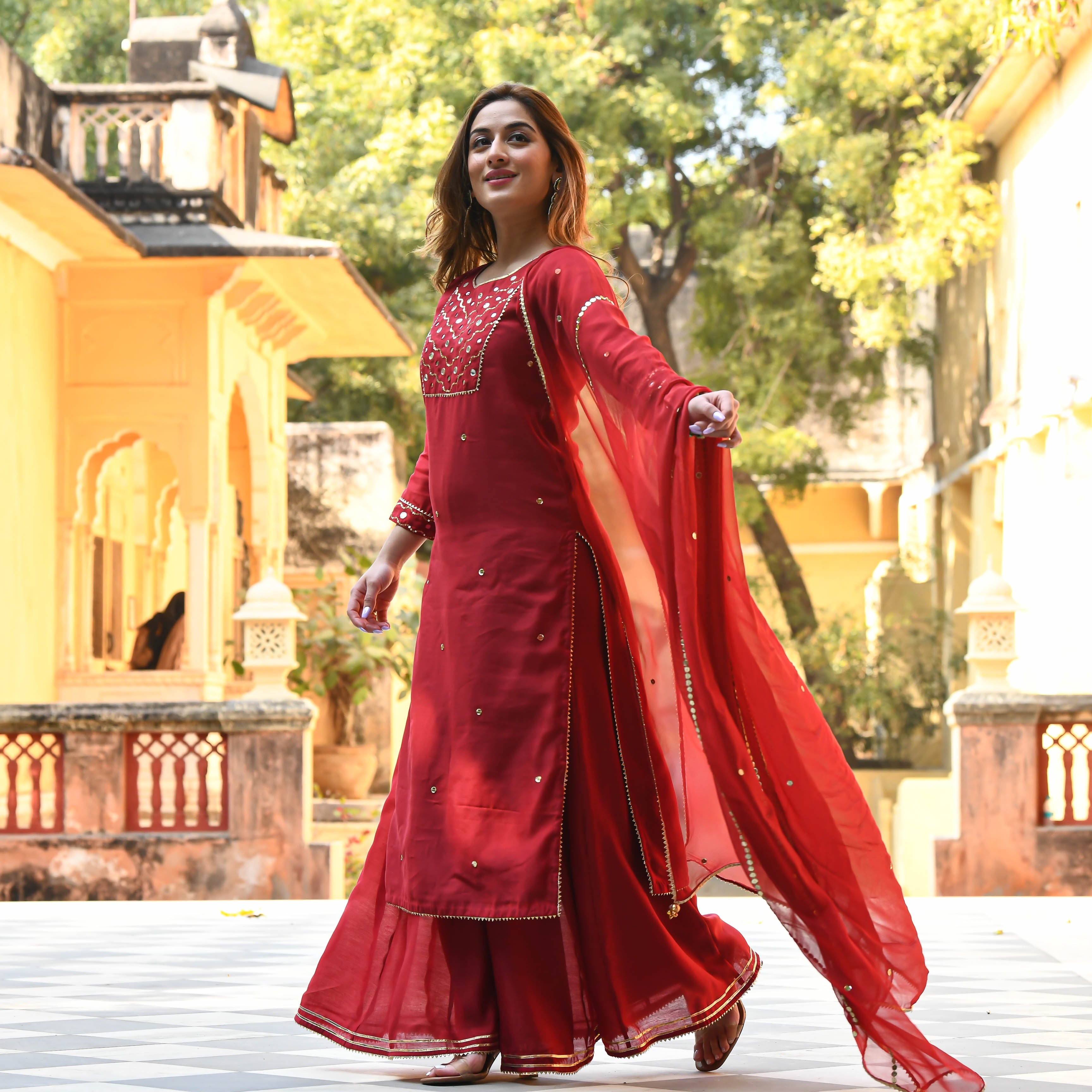 Shop Red Chanderi Gota Palazzo Suit Party Wear Online at Best Price |  Cbazaar