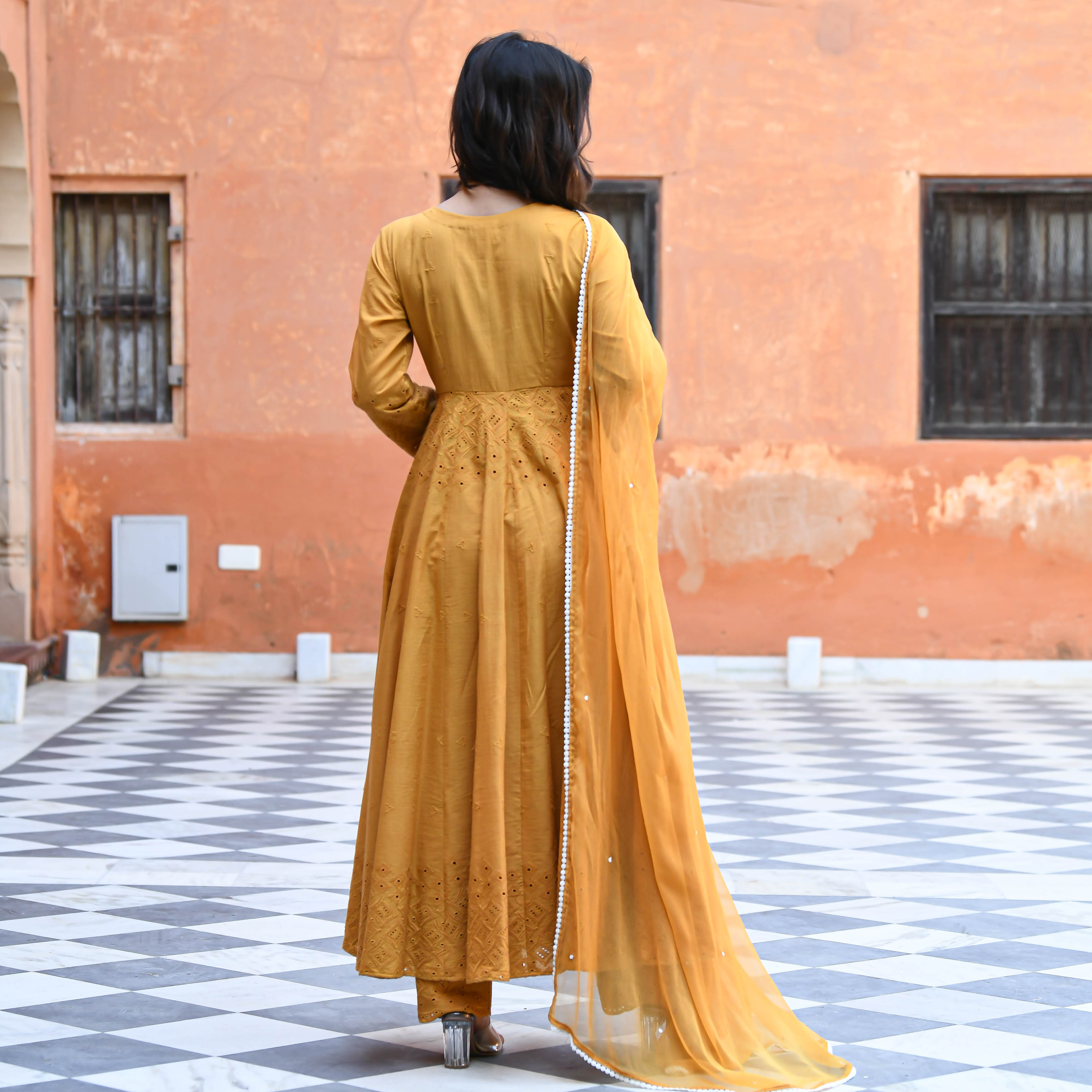 Yellow Schiffli Cotton Anarkali Suit Set