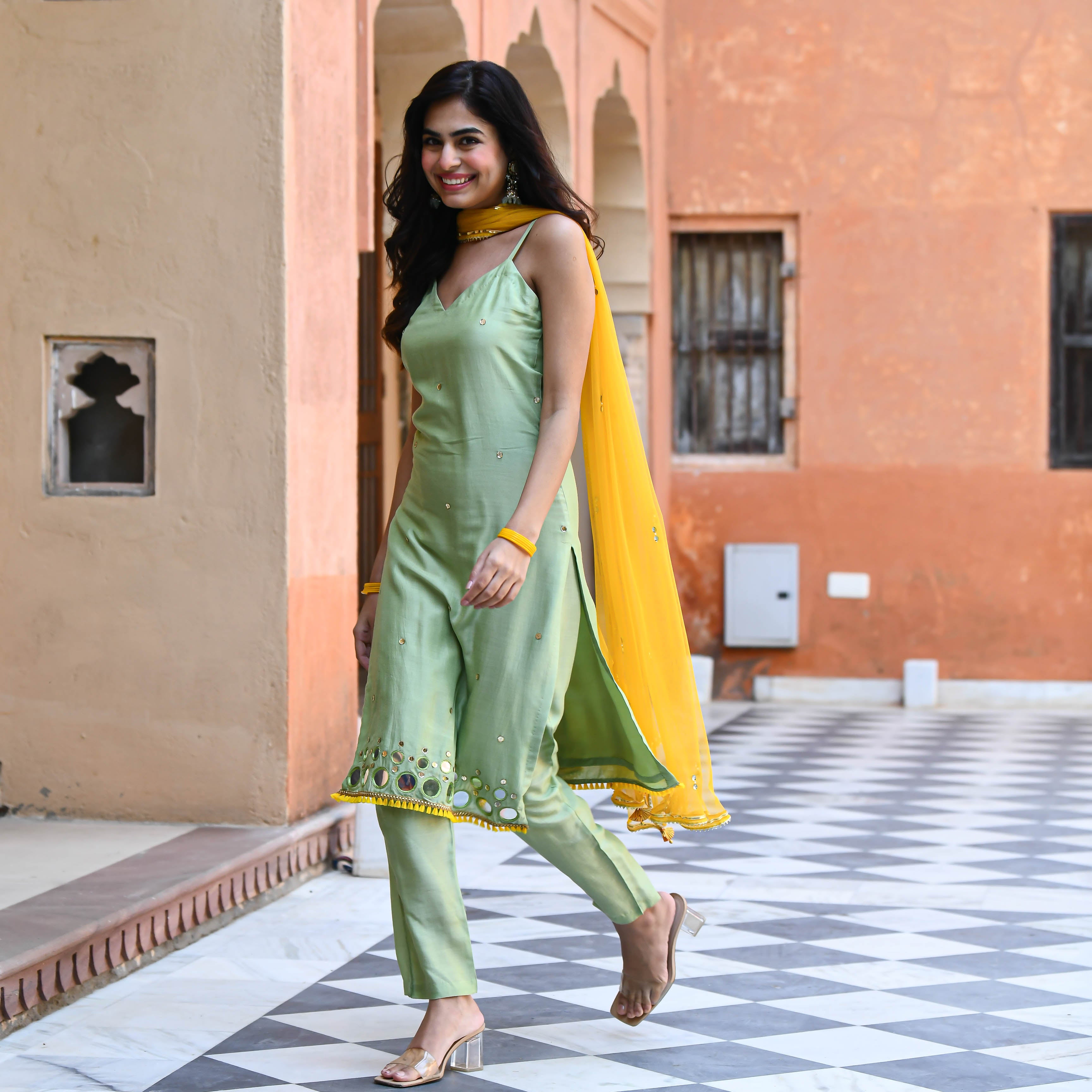 Mint green Mirror Work Straight Suit Set with Yellow Dupatta