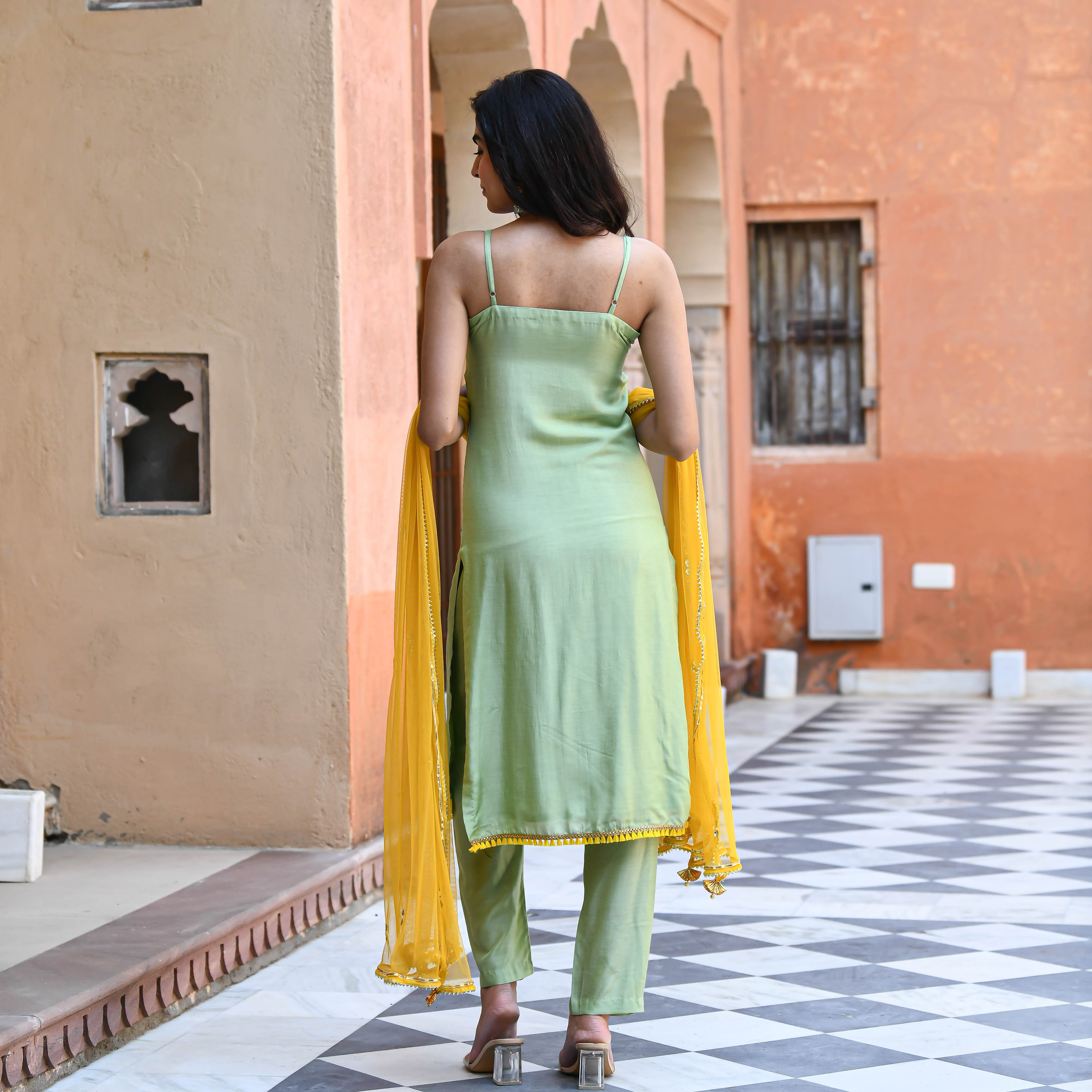 Mint green Mirror Work Straight Suit Set with Yellow Dupatta