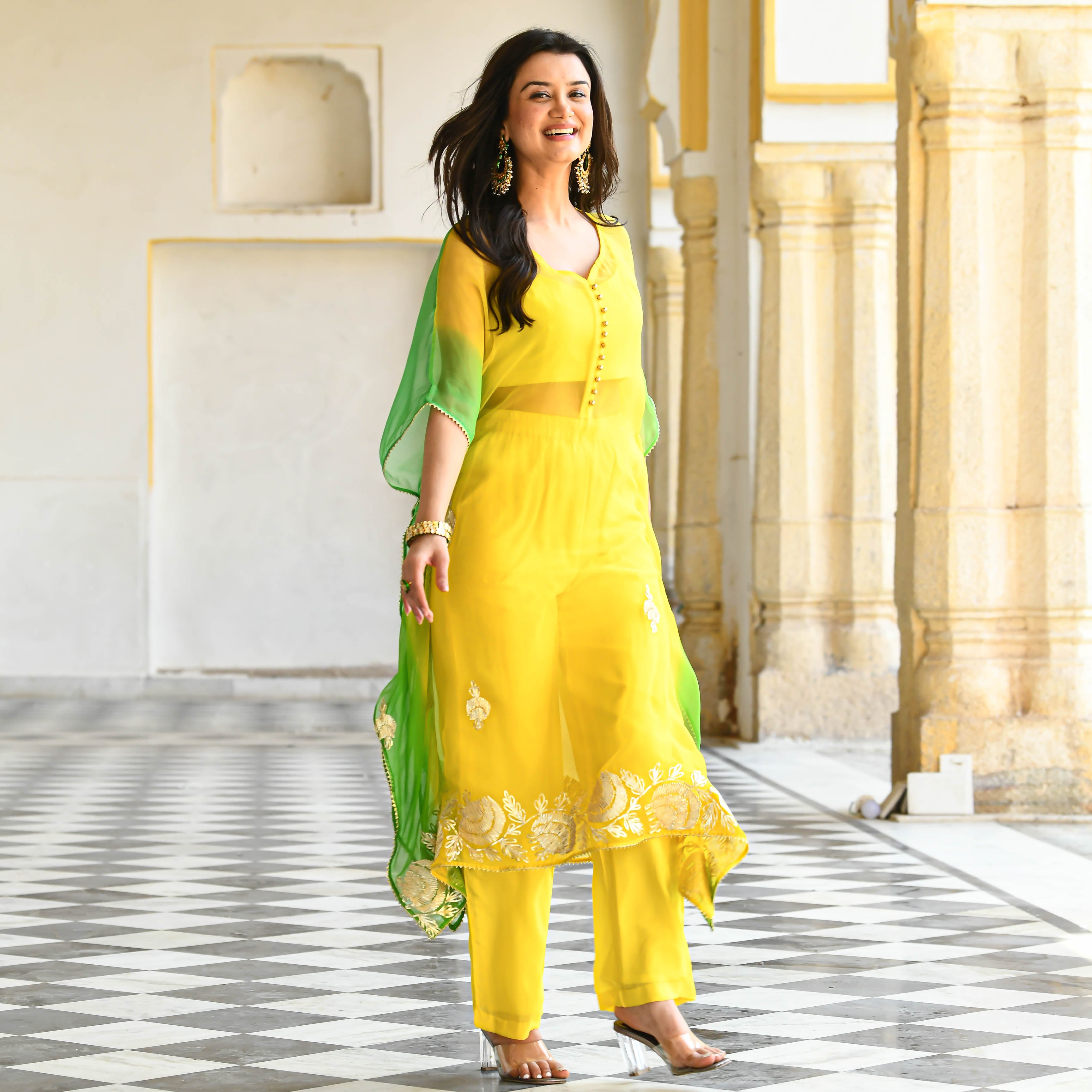 Chiffon Yellow Green Double Shaded Kaftaan Set
