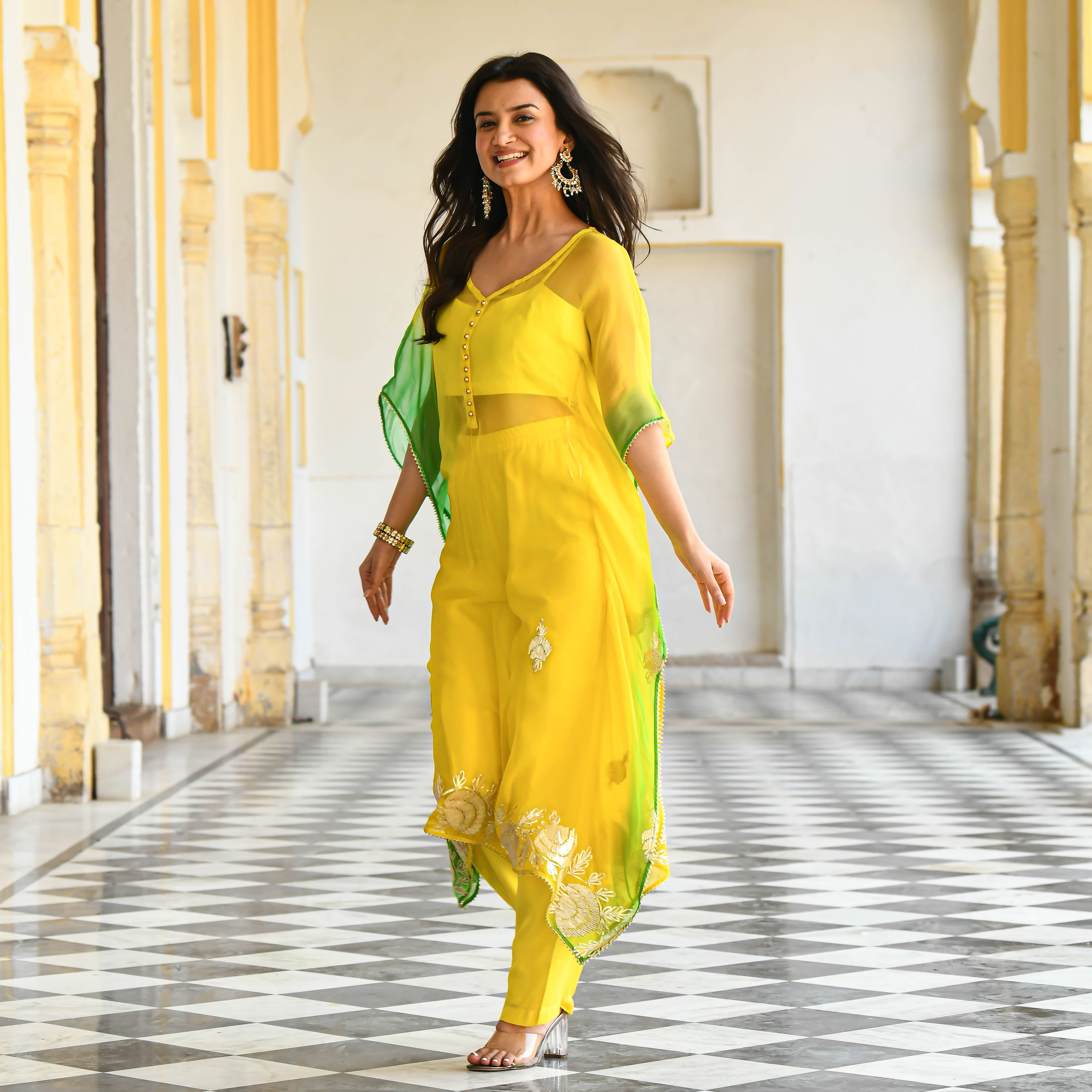 Chiffon Yellow Green Double Shaded Kaftaan Set