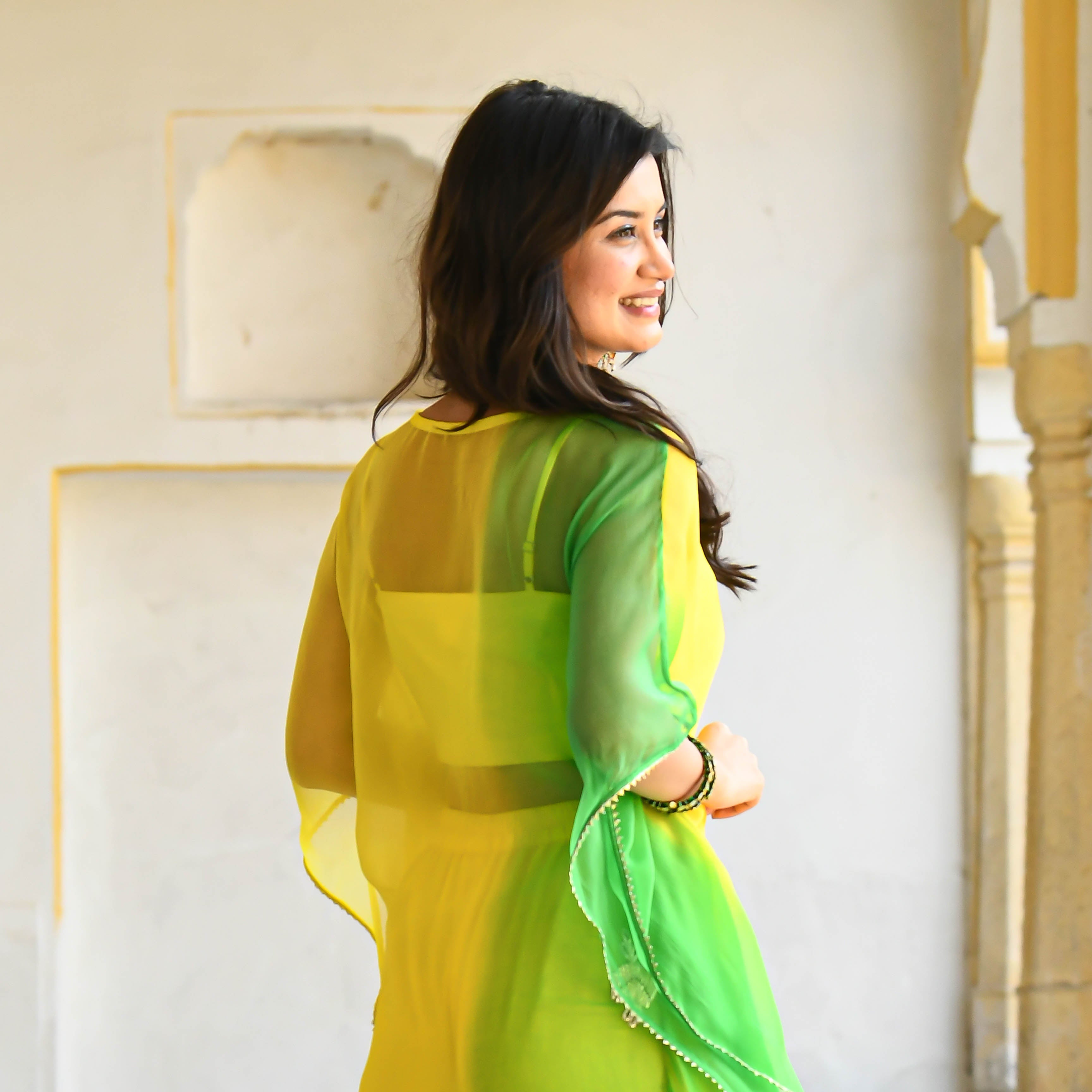 Yellow sequined printed linen kurti with contrast green khunn collar –  Soyara Ethnics Studio