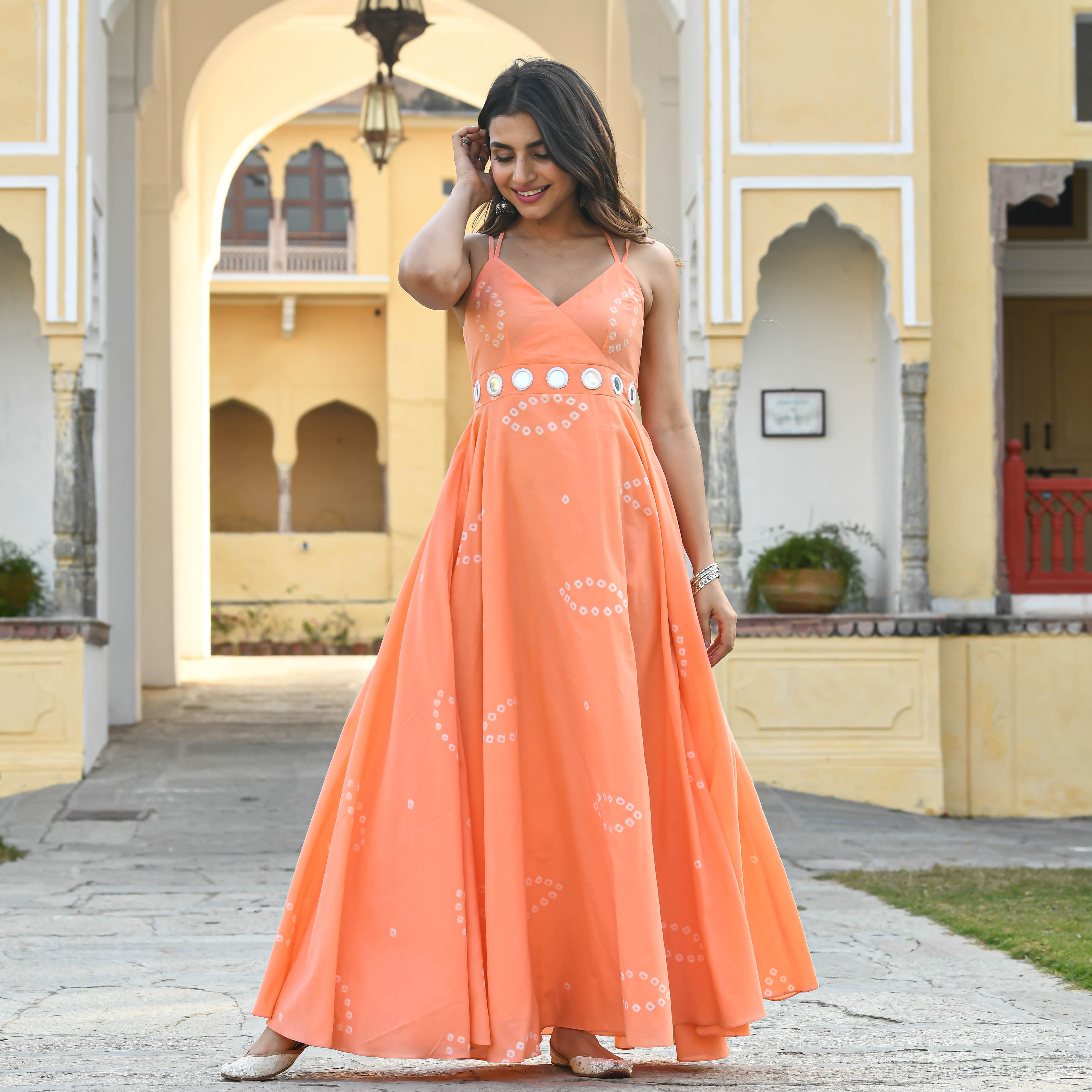 Peach Bandhej Designer Sleeveless Cotton Dress For Women Online