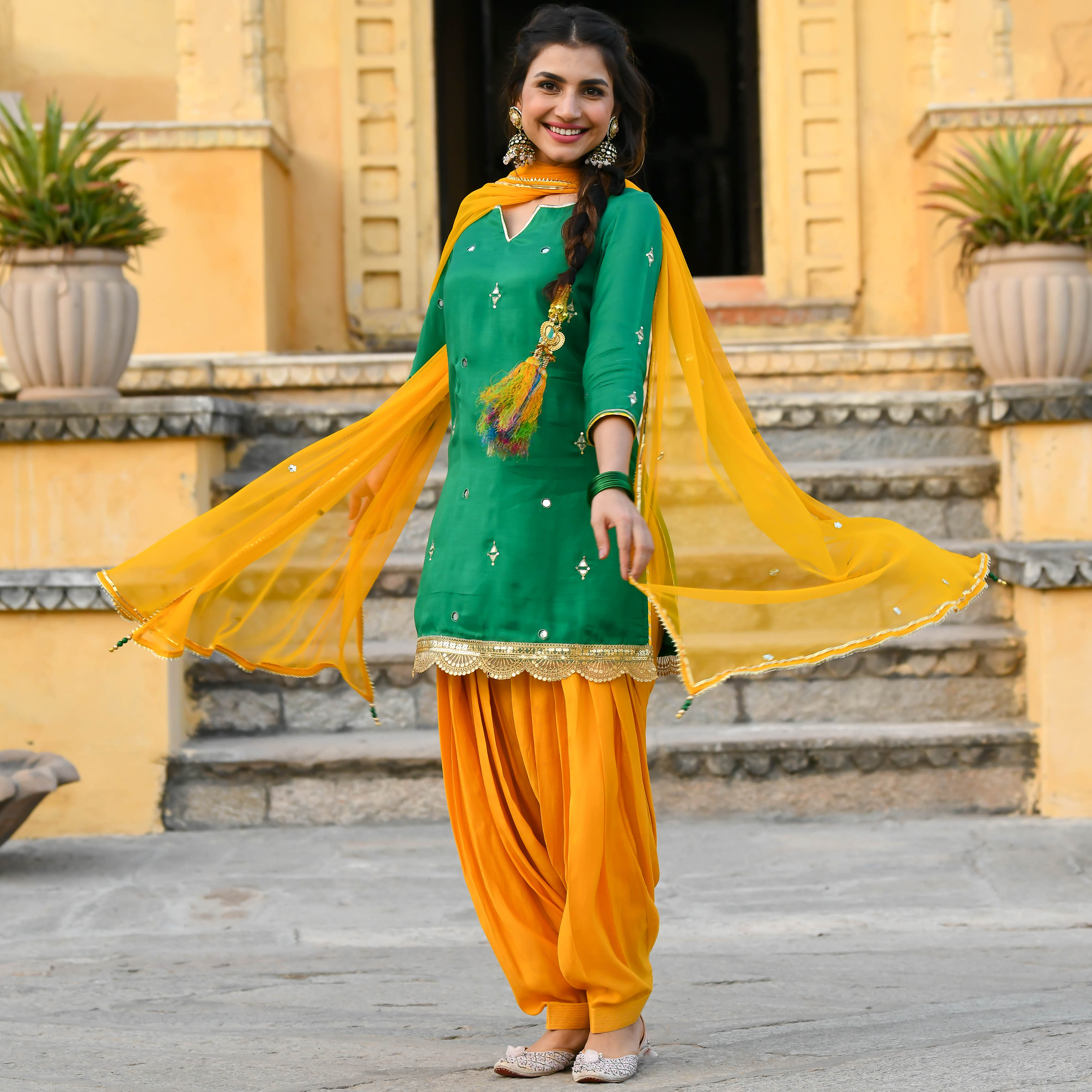 Punjabi Suit, Salwar Kameez, Painted Dupatta, Floral Print Dupatta, Yellow  suit, Suit designs | Combination dresses, Yellow suit, Suit designs