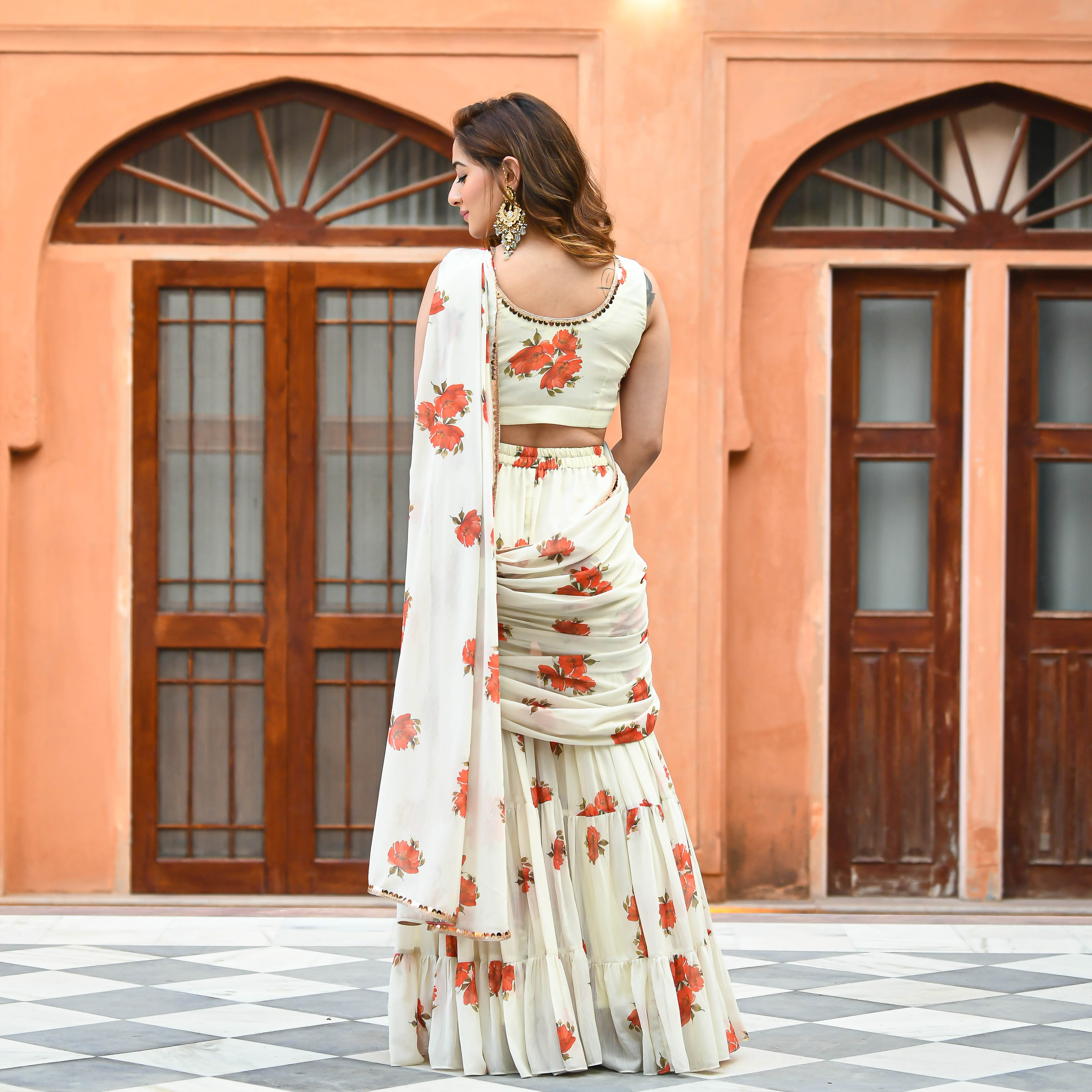 Cream Floral Fusion Saree for women online