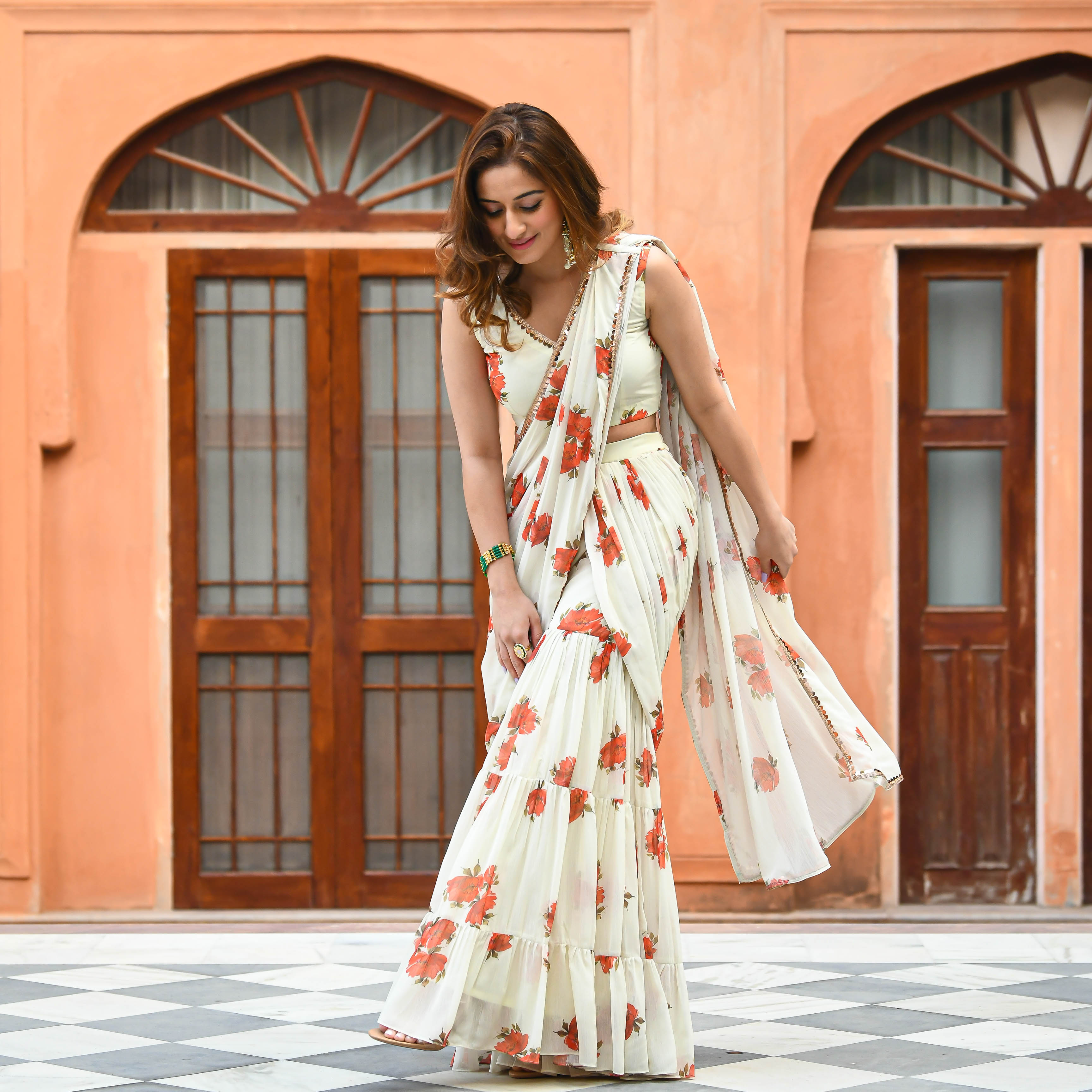 Ivory Floral Sharara Fusion Georgette Saree Online
