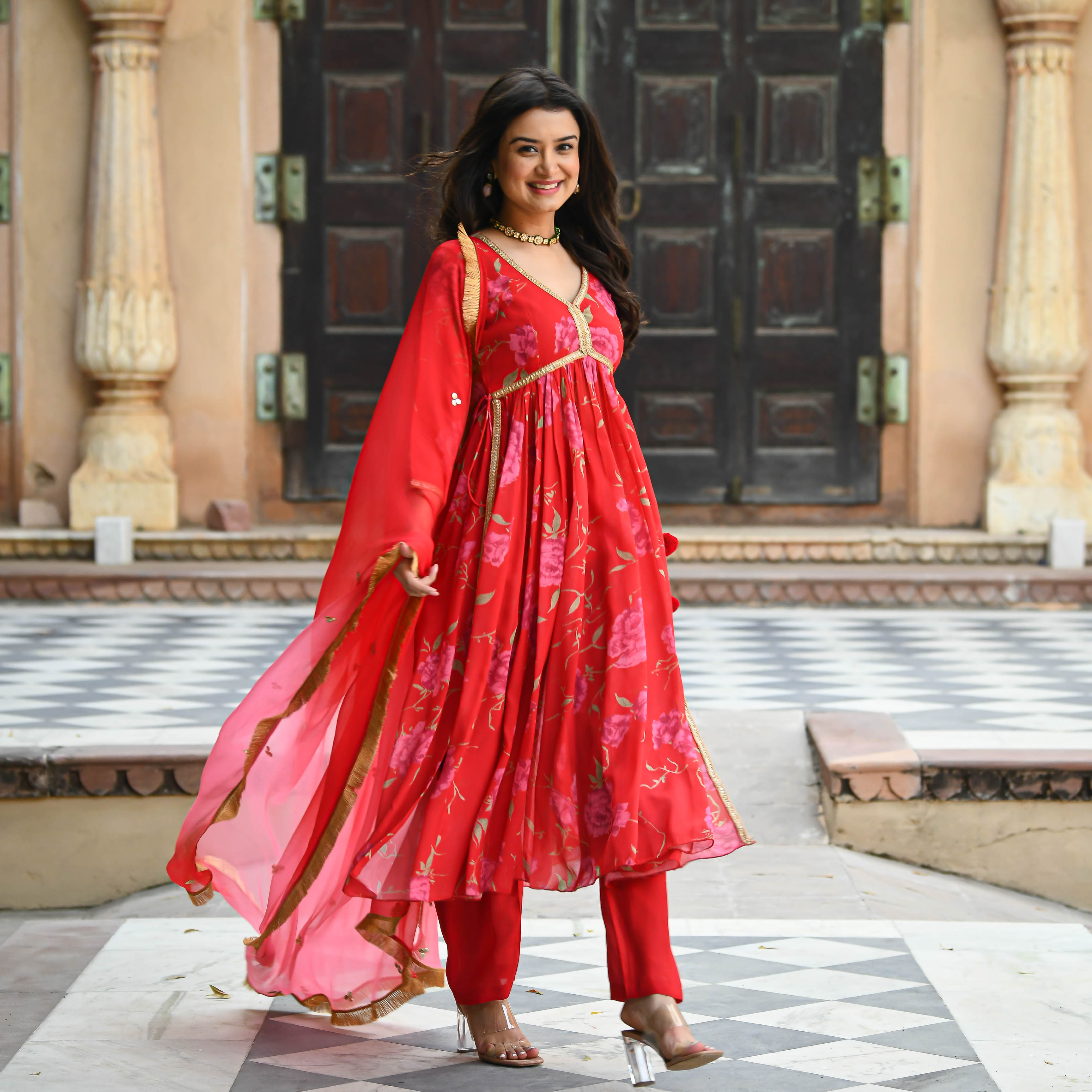 Bright Red Floral Print Salwar Suit
