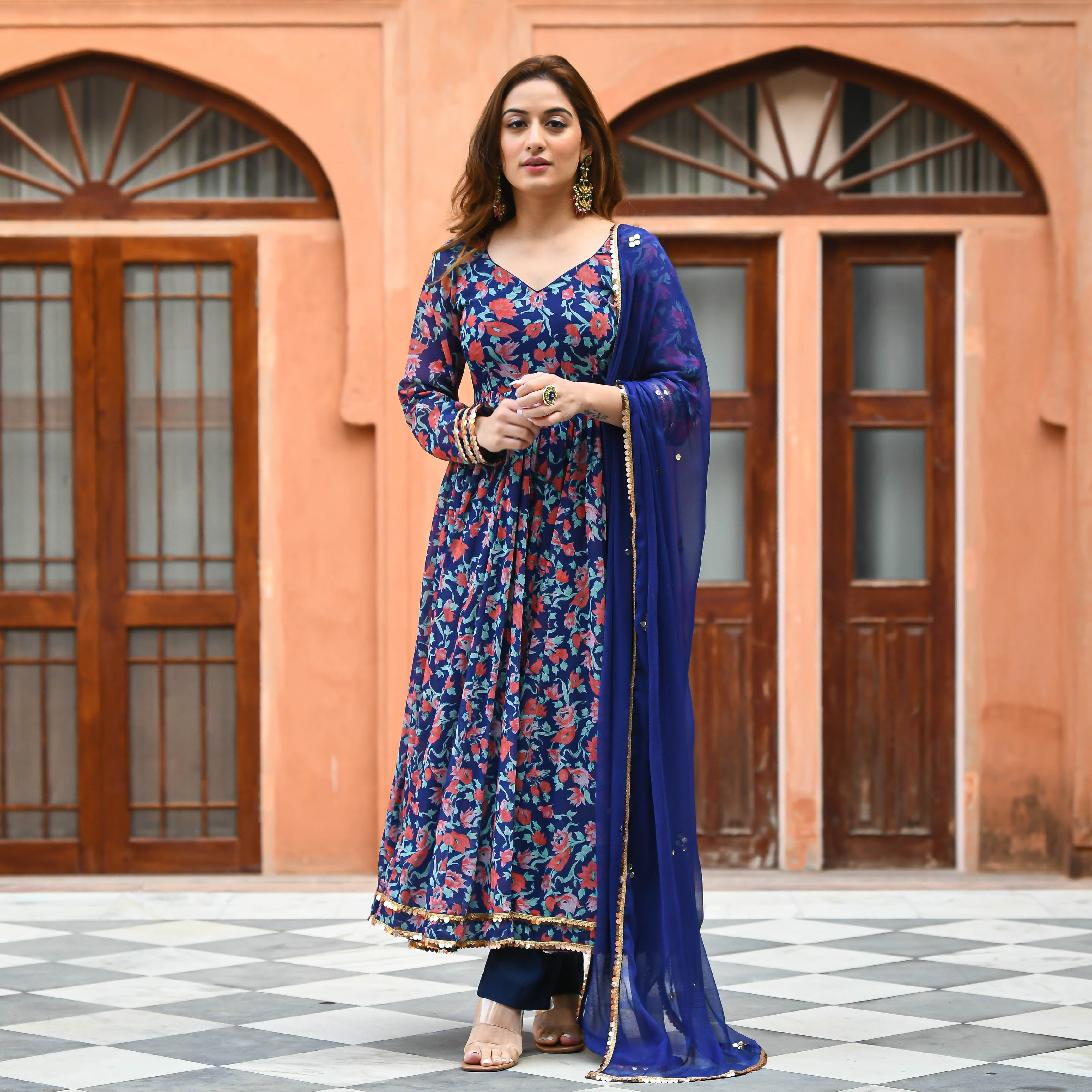 Deep Blue Floral print Anarkali Suit Set