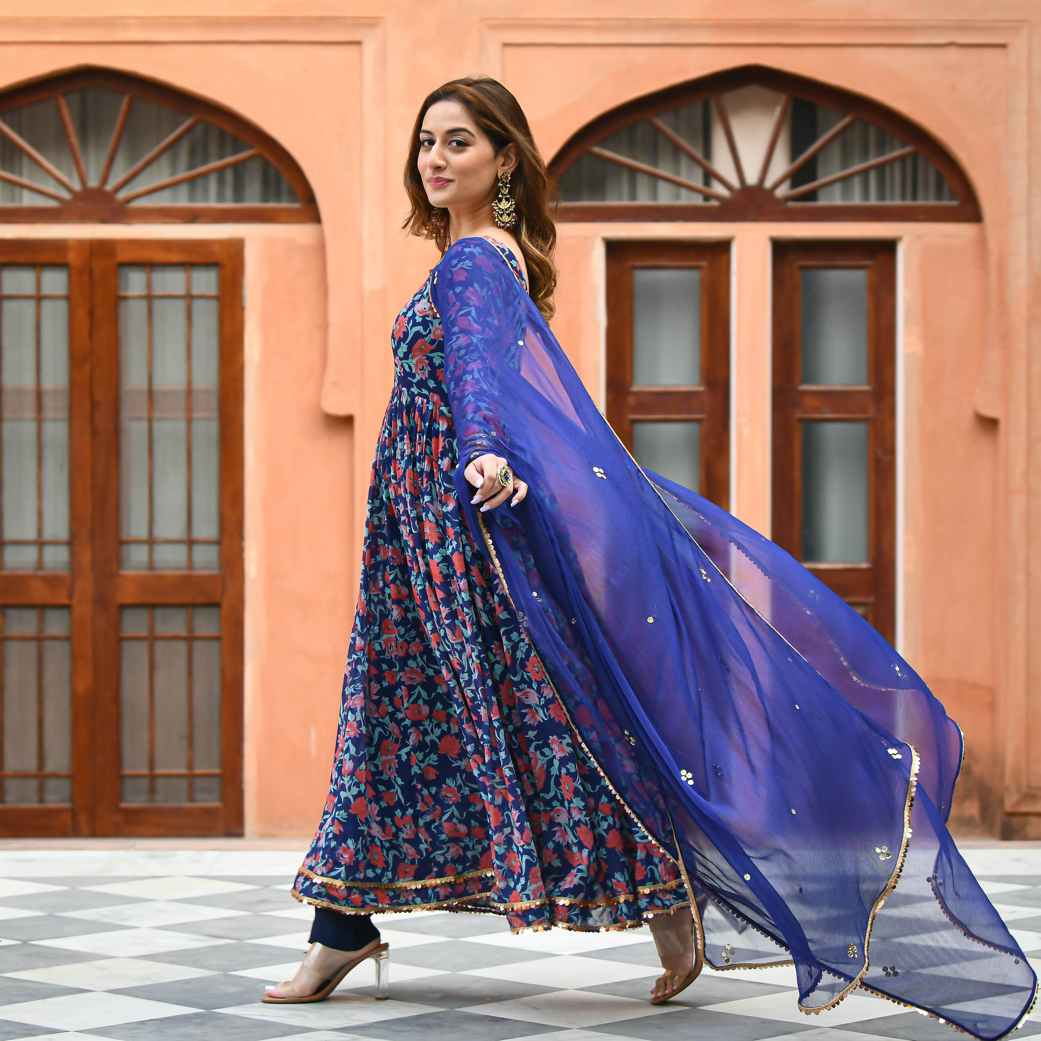 Deep Blue Floral print Anarkali Suit Set