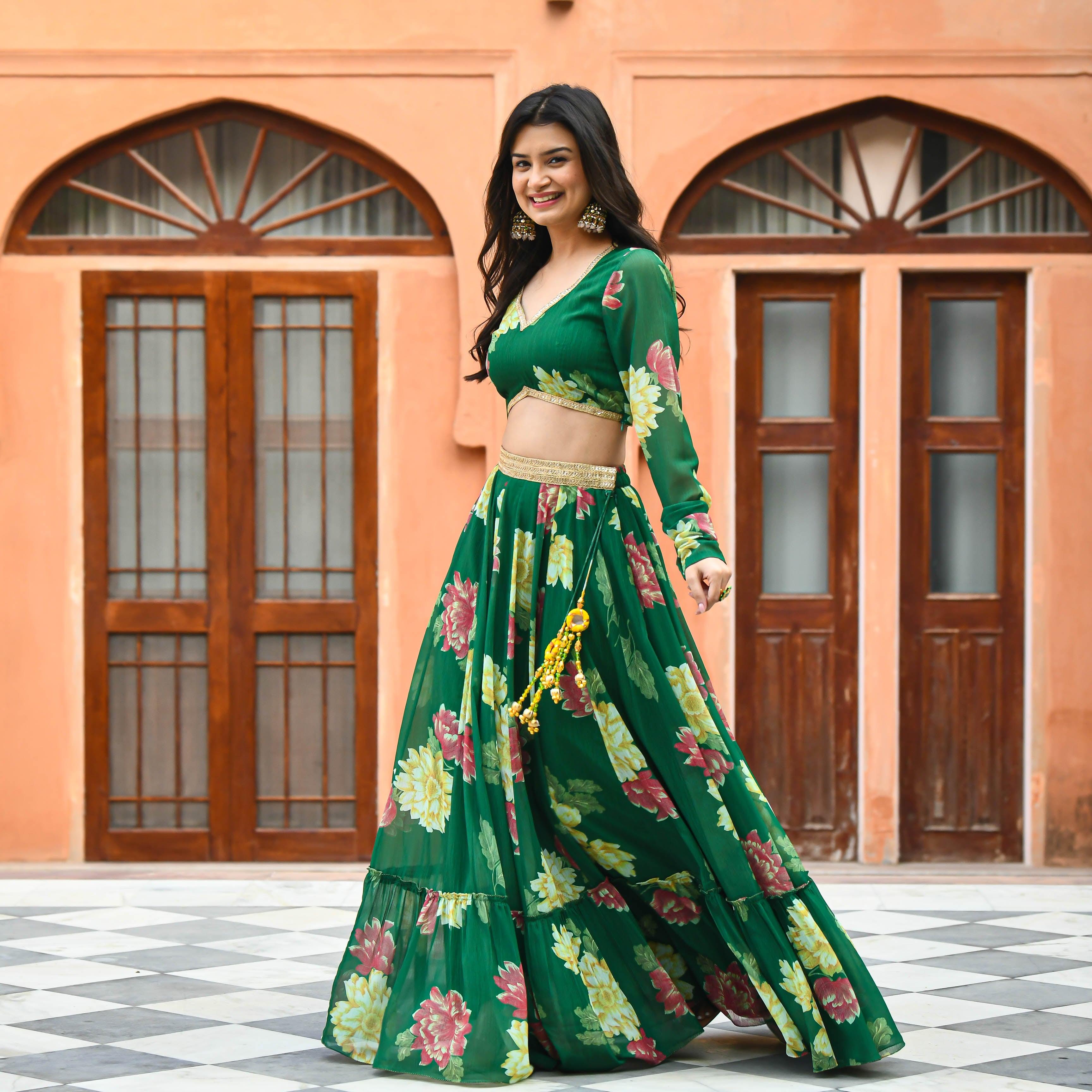 Turquoise Blue Chinon Multicolour Floral Printed Sleeveless Lehenga Set  With Hand Embroidery And Sequins Shop Online at Soch India