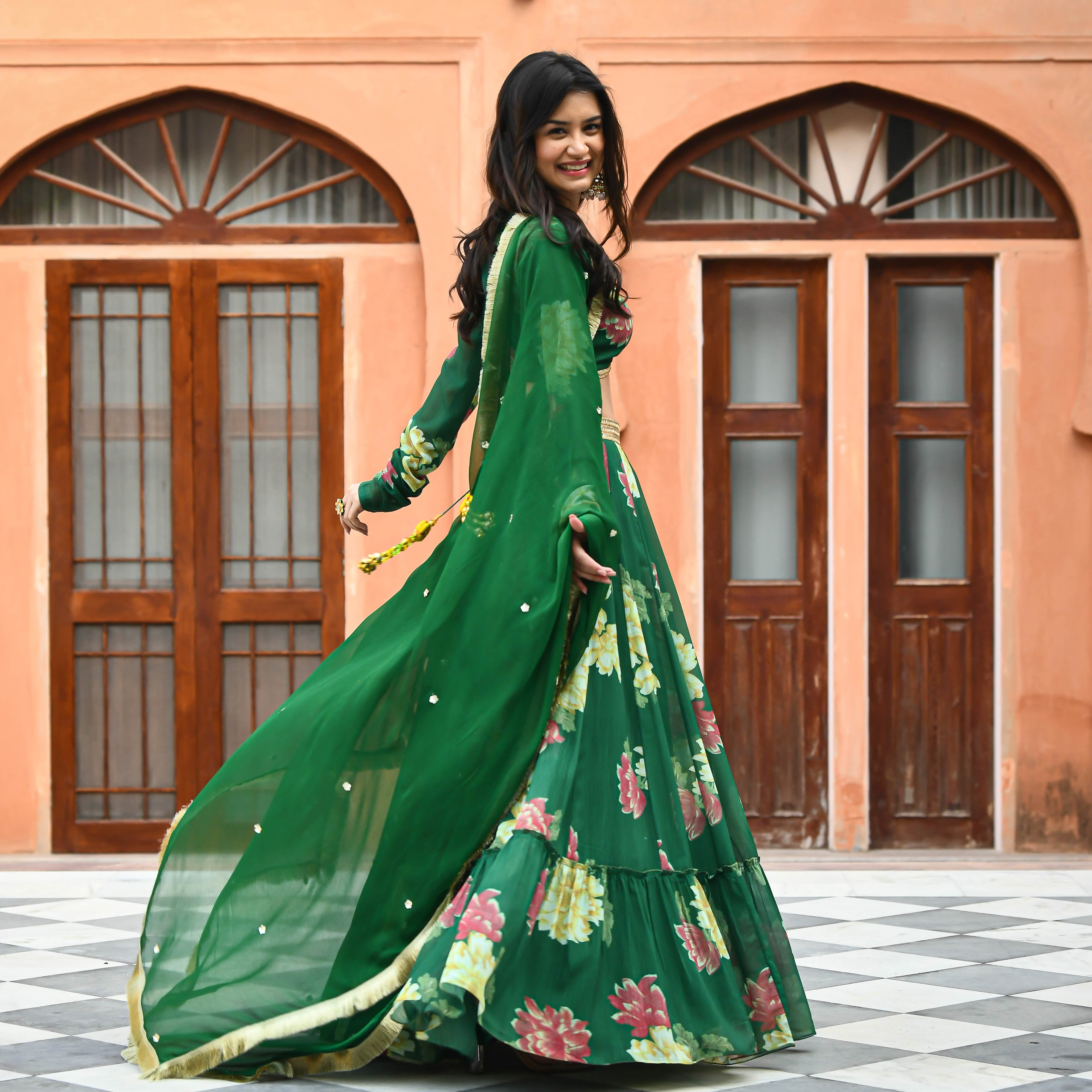 Green Georgette Floral Lehenga Choli With Dupatta For Women Online
