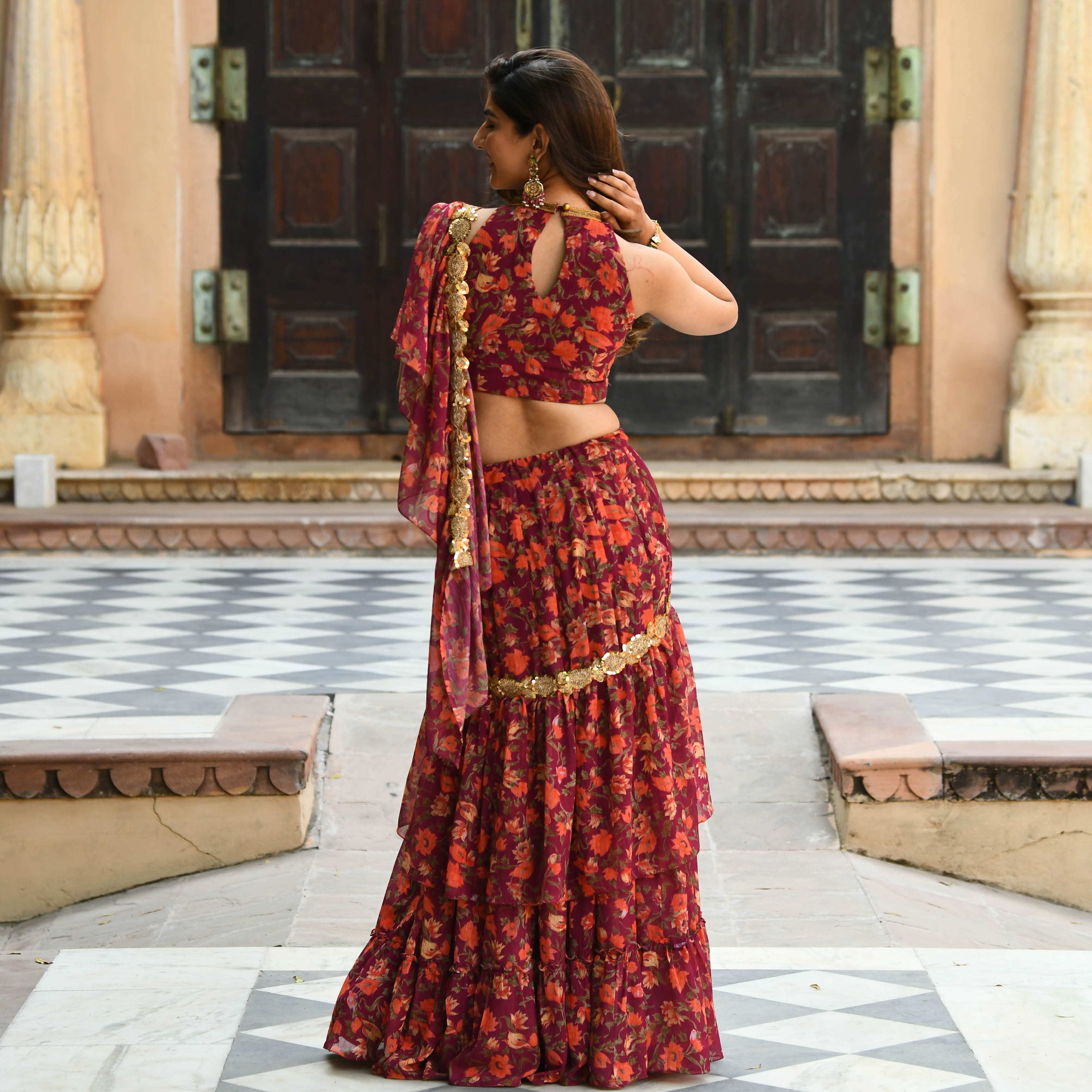Maroon Floral Draped Saree for women online