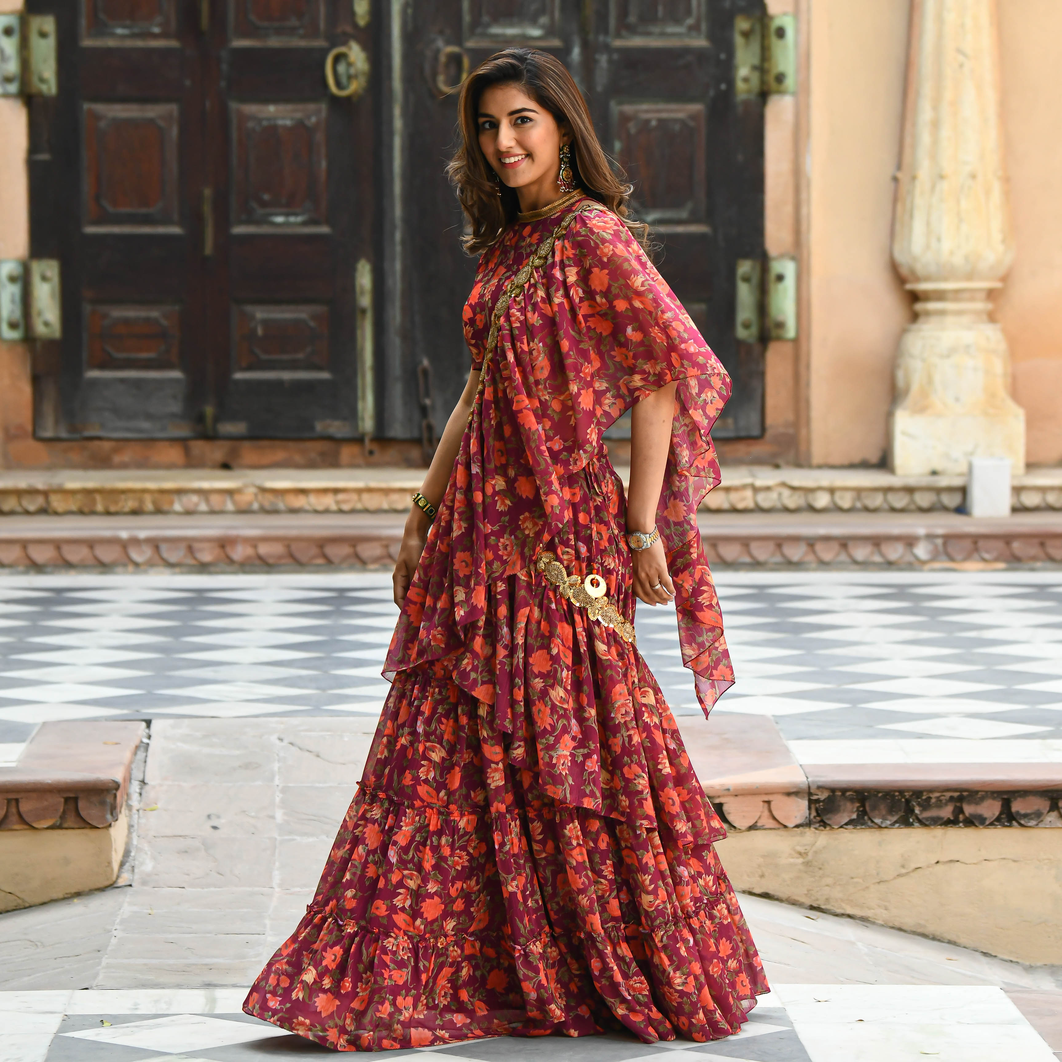 Maroon Floral Draped Saree for women online