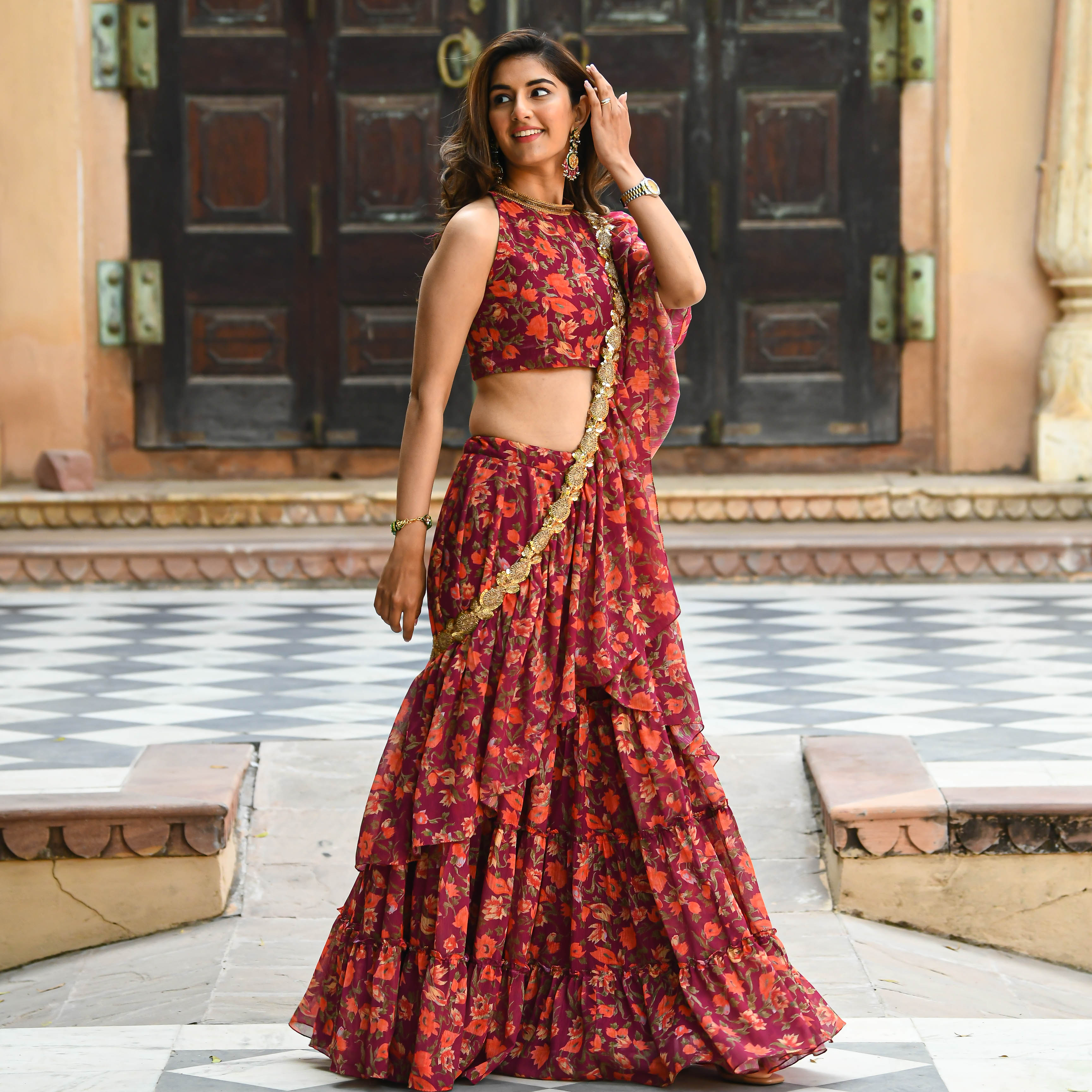 Maroon Floral Draped Saree for women online