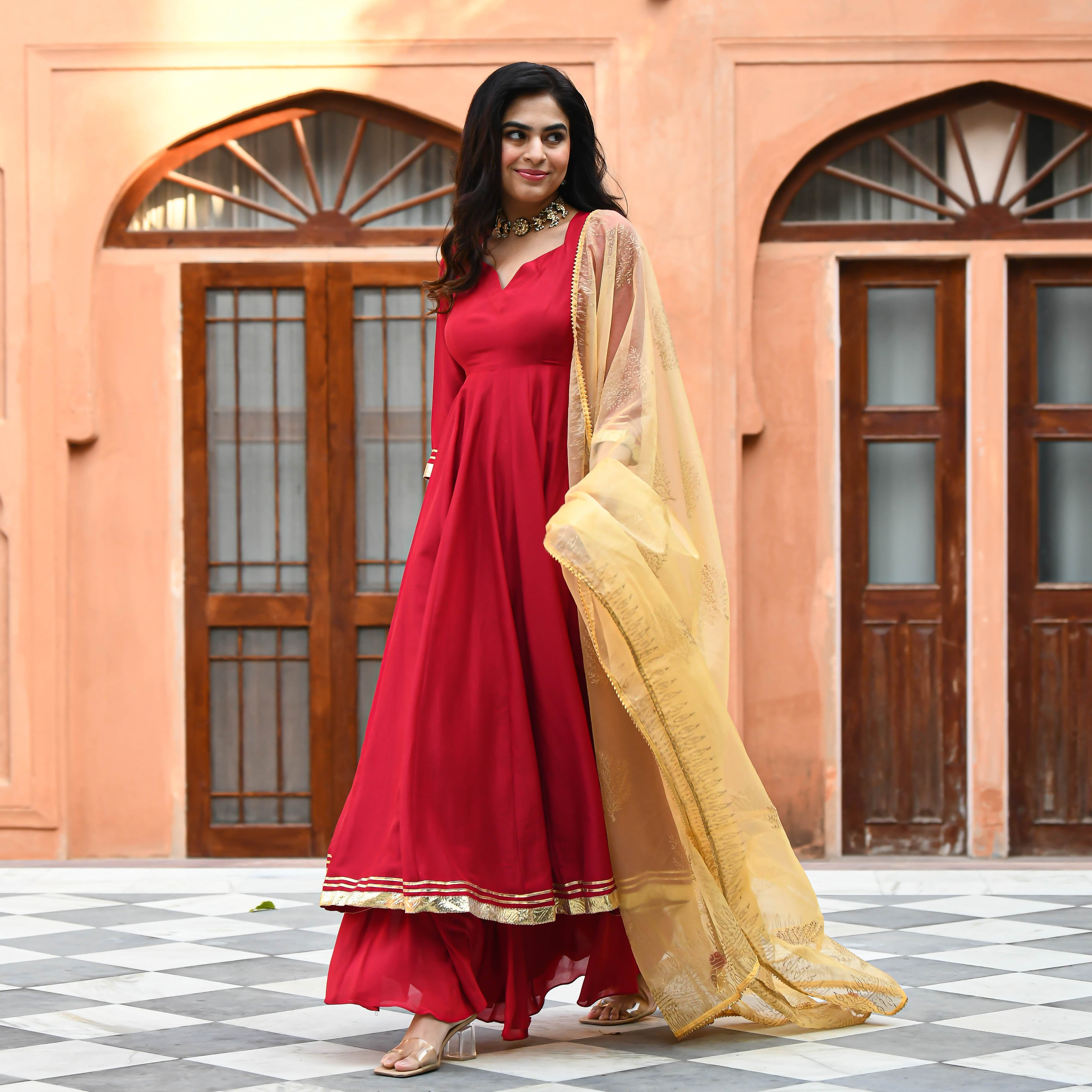 Red Chinon Silk Anarkali Suit Set for women online